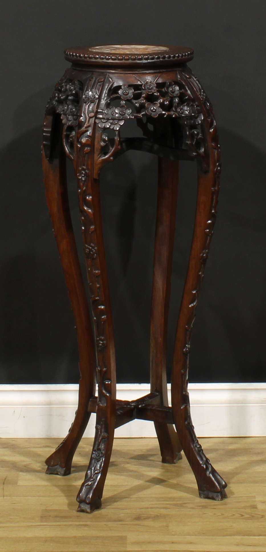 A Chinese hardwood jardiniere stand, circular top with beaded border and inset marble panel, - Image 4 of 4