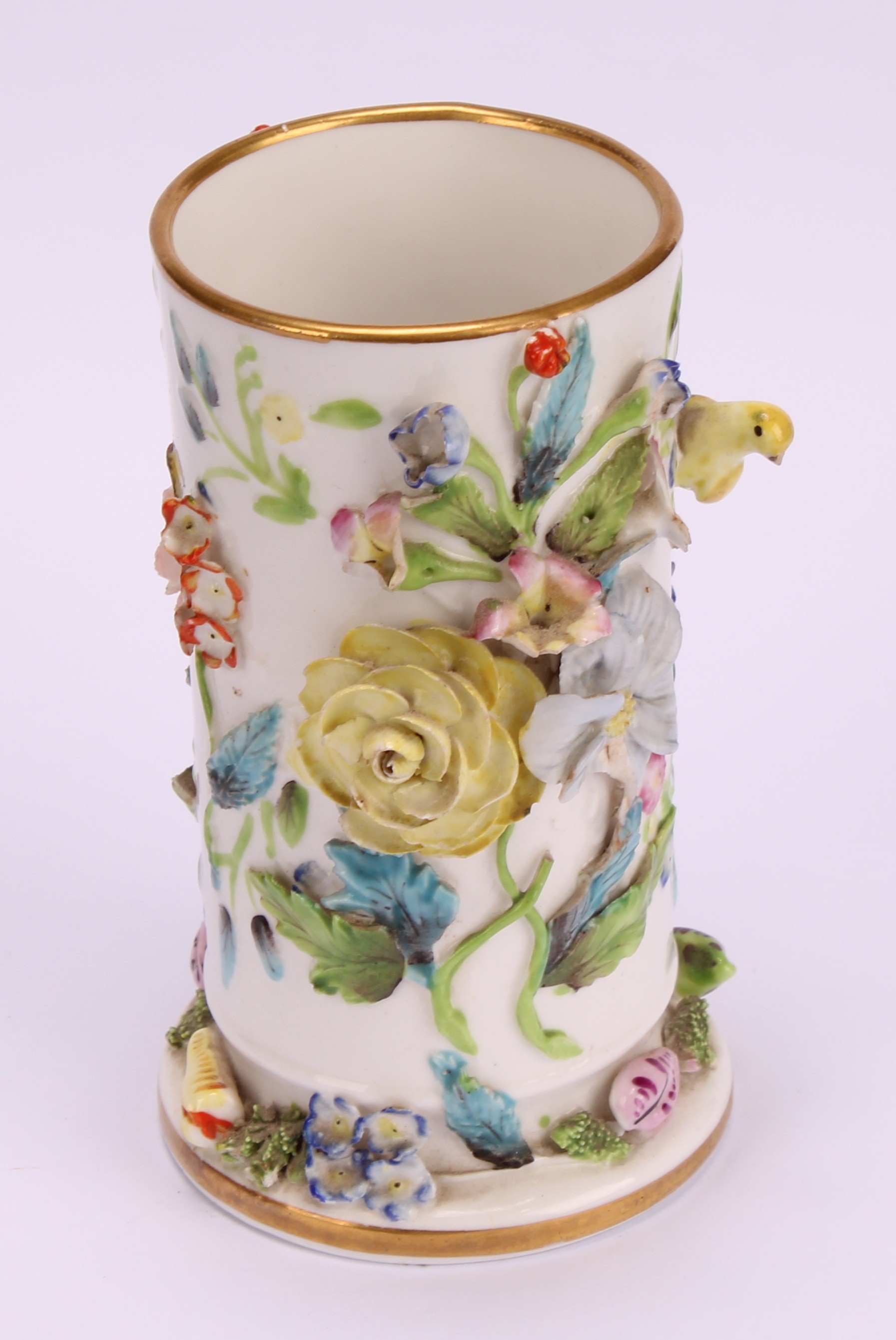 A pair of rare Spode schneeballen style cylindrical vases, encrusted with birds and flowers, 10. - Image 4 of 13