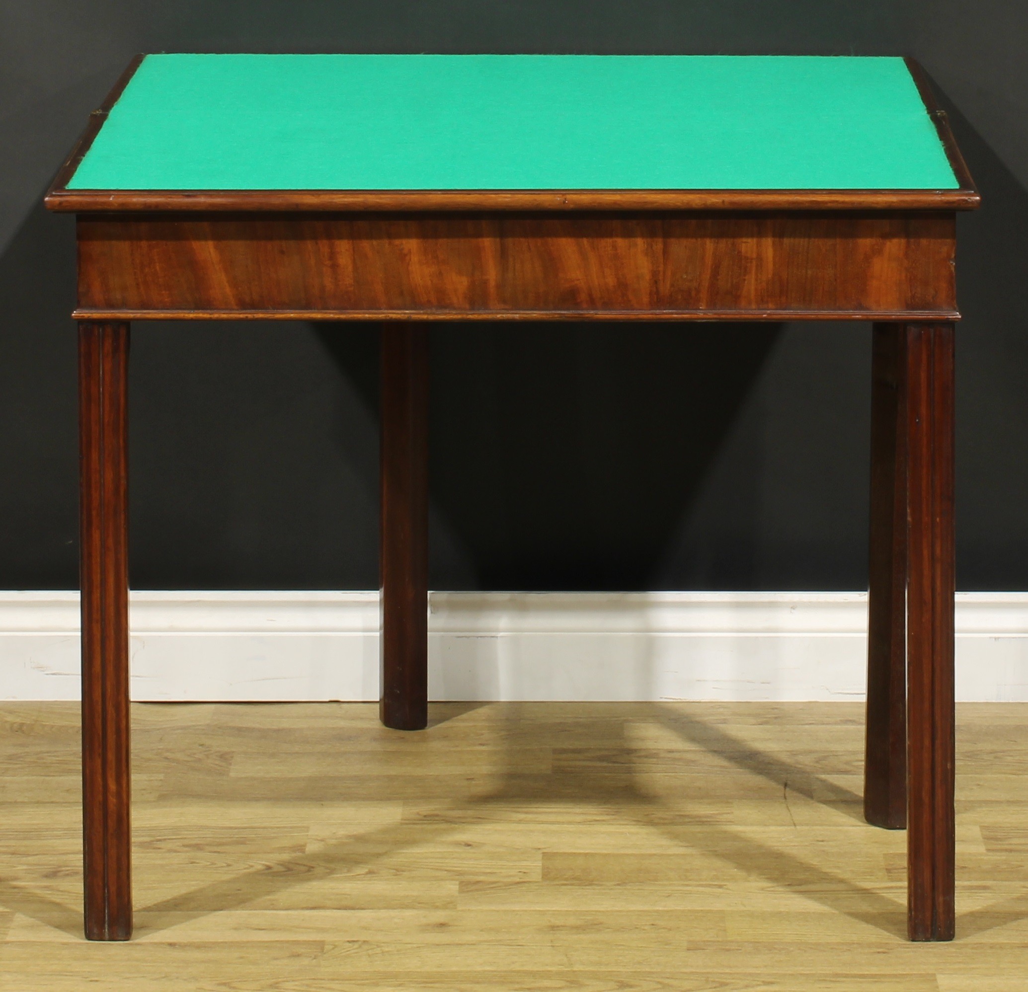 A George III mahogany card table, hinged top enclosing a baize lined playing surface, moulded - Image 2 of 5