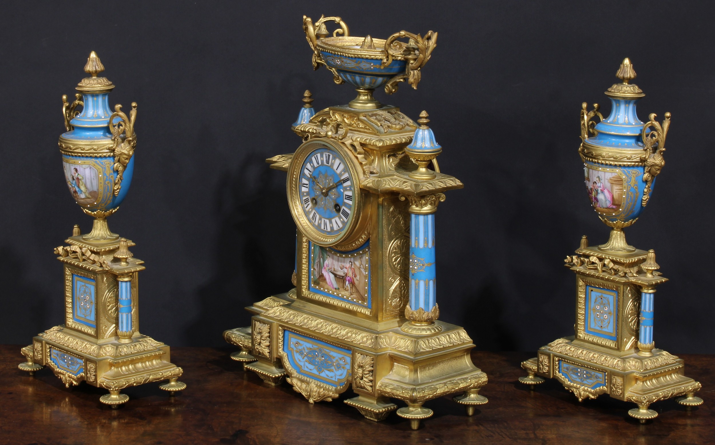 A 19th century French ormolu and porcelain clock garniature, in the Louis XVI Revival taste, 9cm - Image 3 of 4