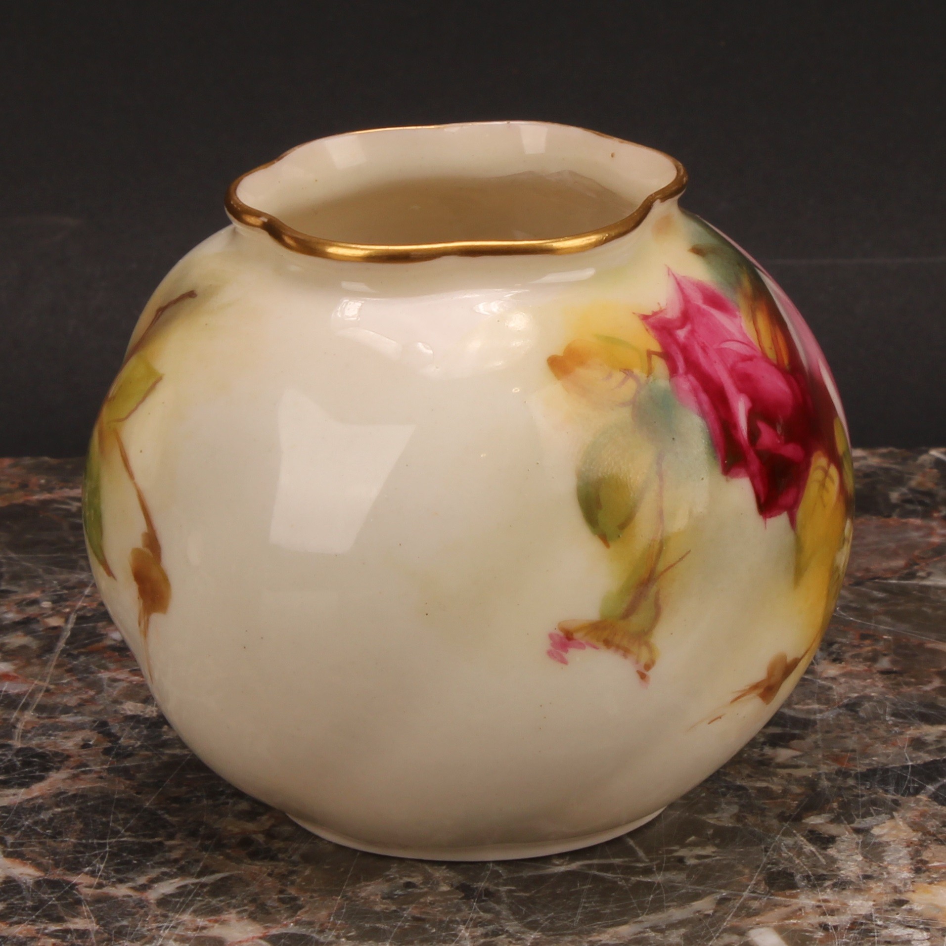 A Royal Worcester globular vase, painted by E. Spilsbury, signed, with Hadley style roses, 7cm high, - Image 4 of 9