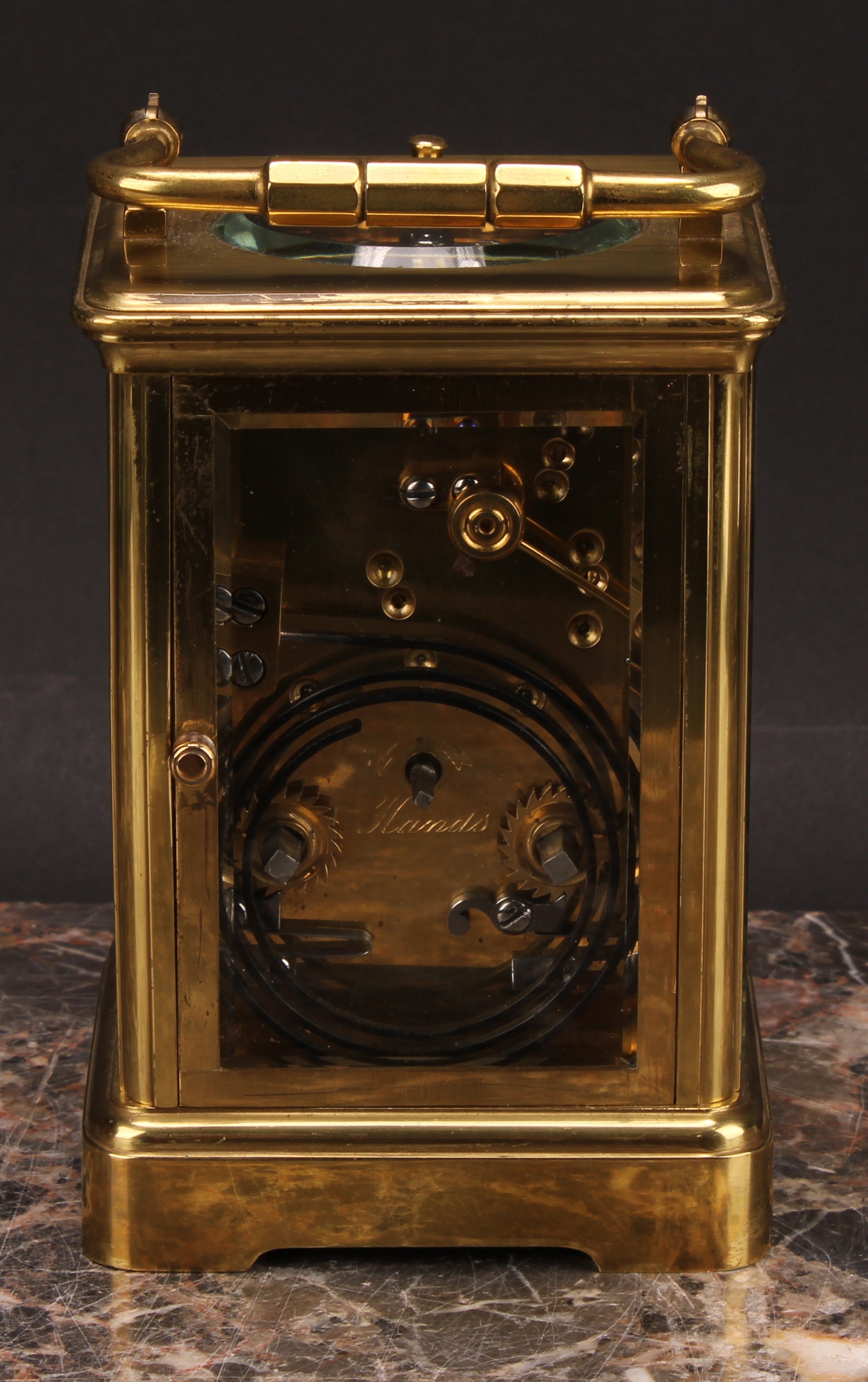 An early 20th century brass repeater carriage clock, 6cm enamel dial inscribed HAMILTON & INCHES - Image 5 of 6