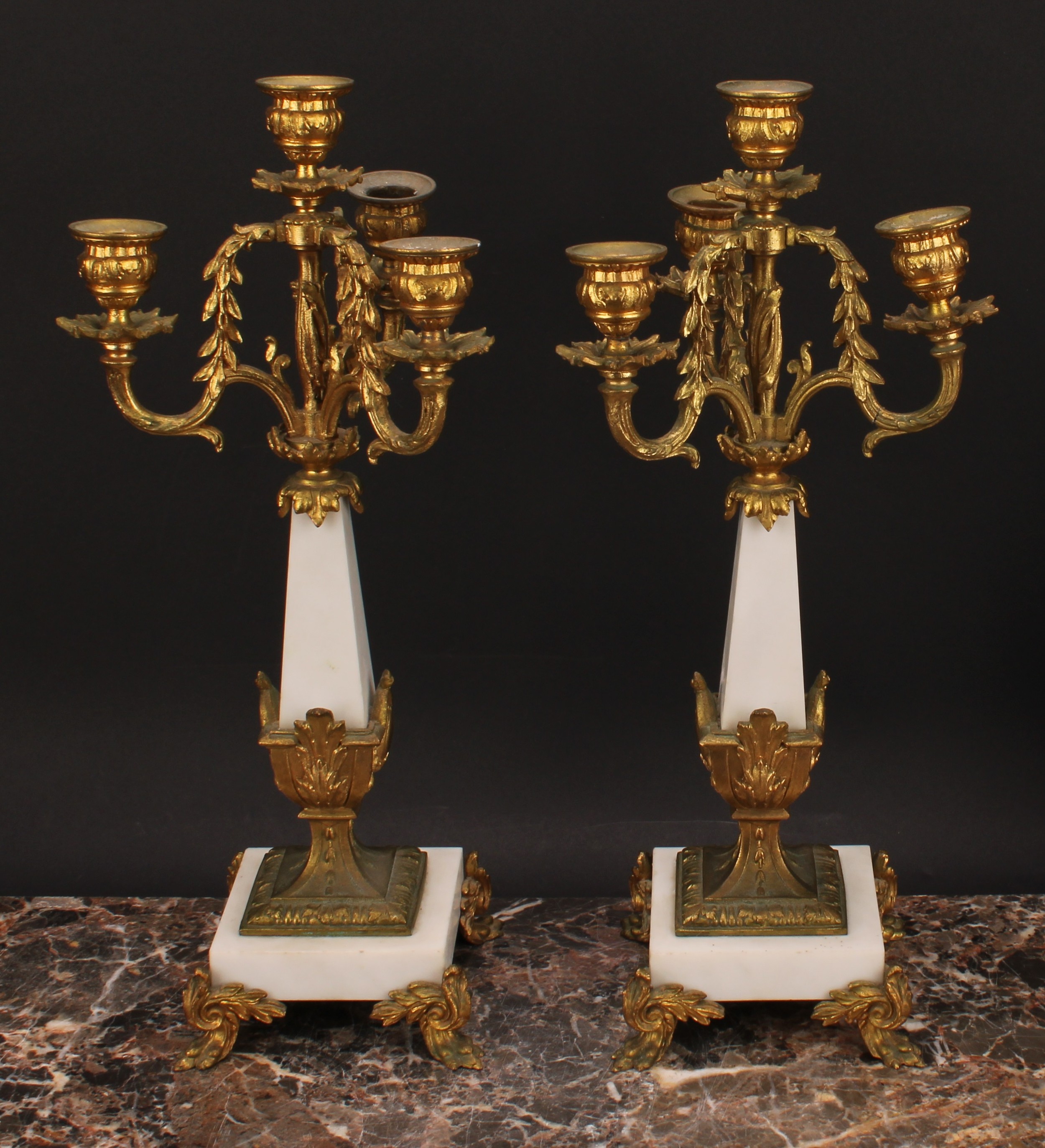 A pair or Louis XVI style gilt metal mounted three branch four light candelabrum, 38cm high - Image 2 of 4