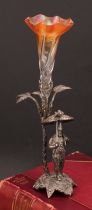 A silver plated epergne, modelled as Robinson Crusoe standing beneath a palm tree, carnival glass