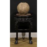 A Chinese hardwood jardiniere stand, octofoil top with beaded border and inset marble panel,