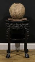 A Chinese hardwood jardiniere stand, octofoil top with beaded border and inset marble panel,