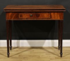 A George III mahogany tea table, hinged top, drawer to frieze, stop-fluted tapered square legs,