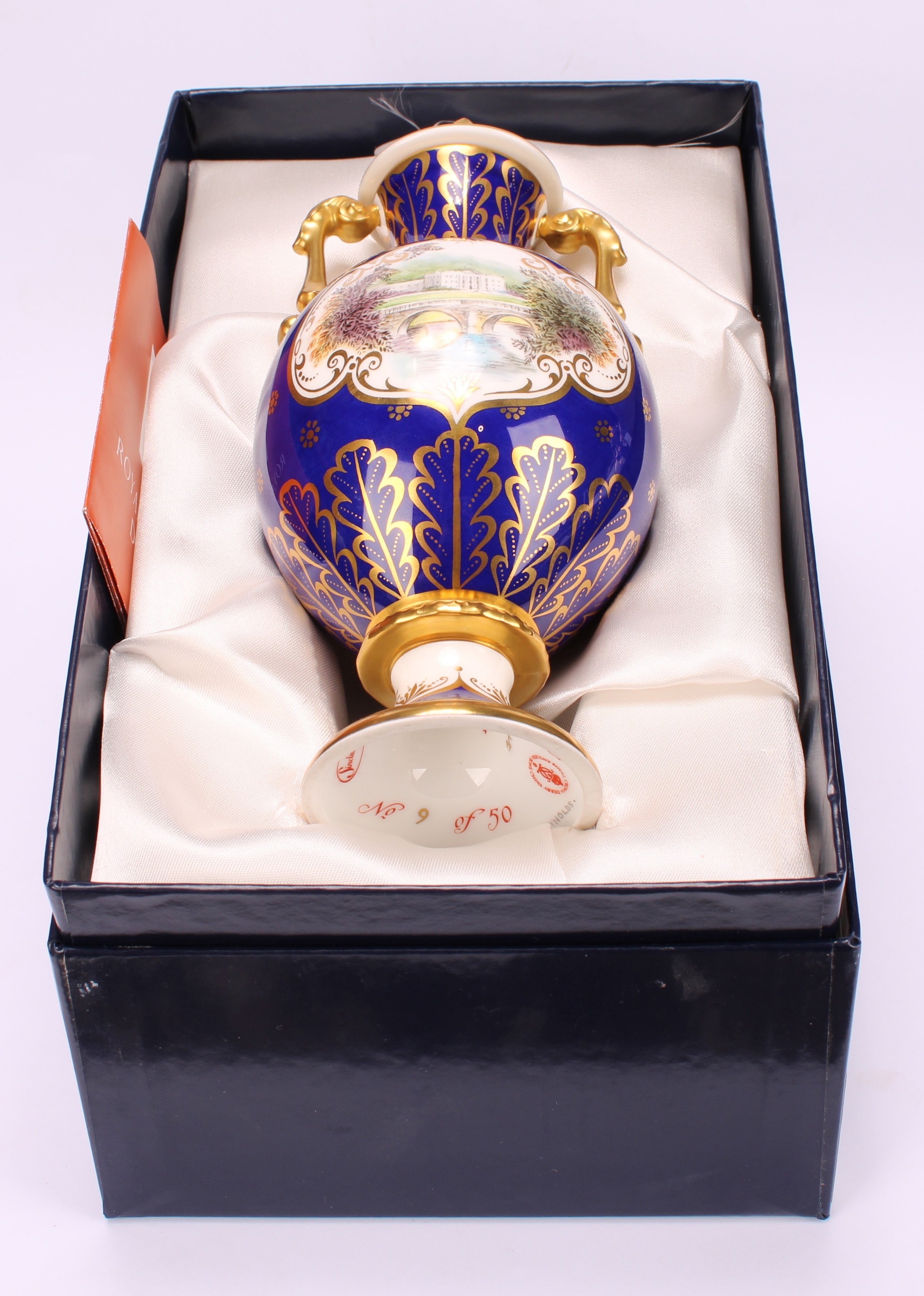 A pair of Royal Crown Derby pedestal ovoid two handled vases and covers, The Chatsworth Vase and The - Image 9 of 16