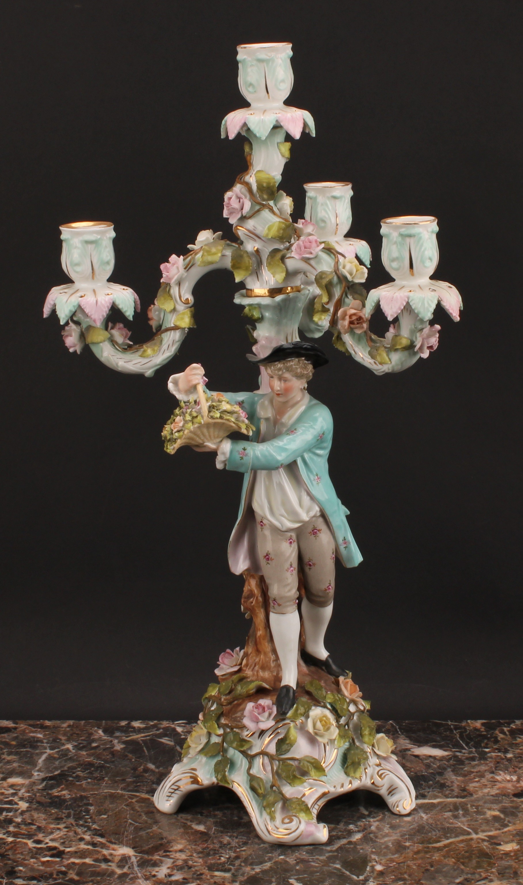 A pair of Sitzendorf figural four-light candelabra, modelled as a courting couple, each painted in - Image 7 of 10