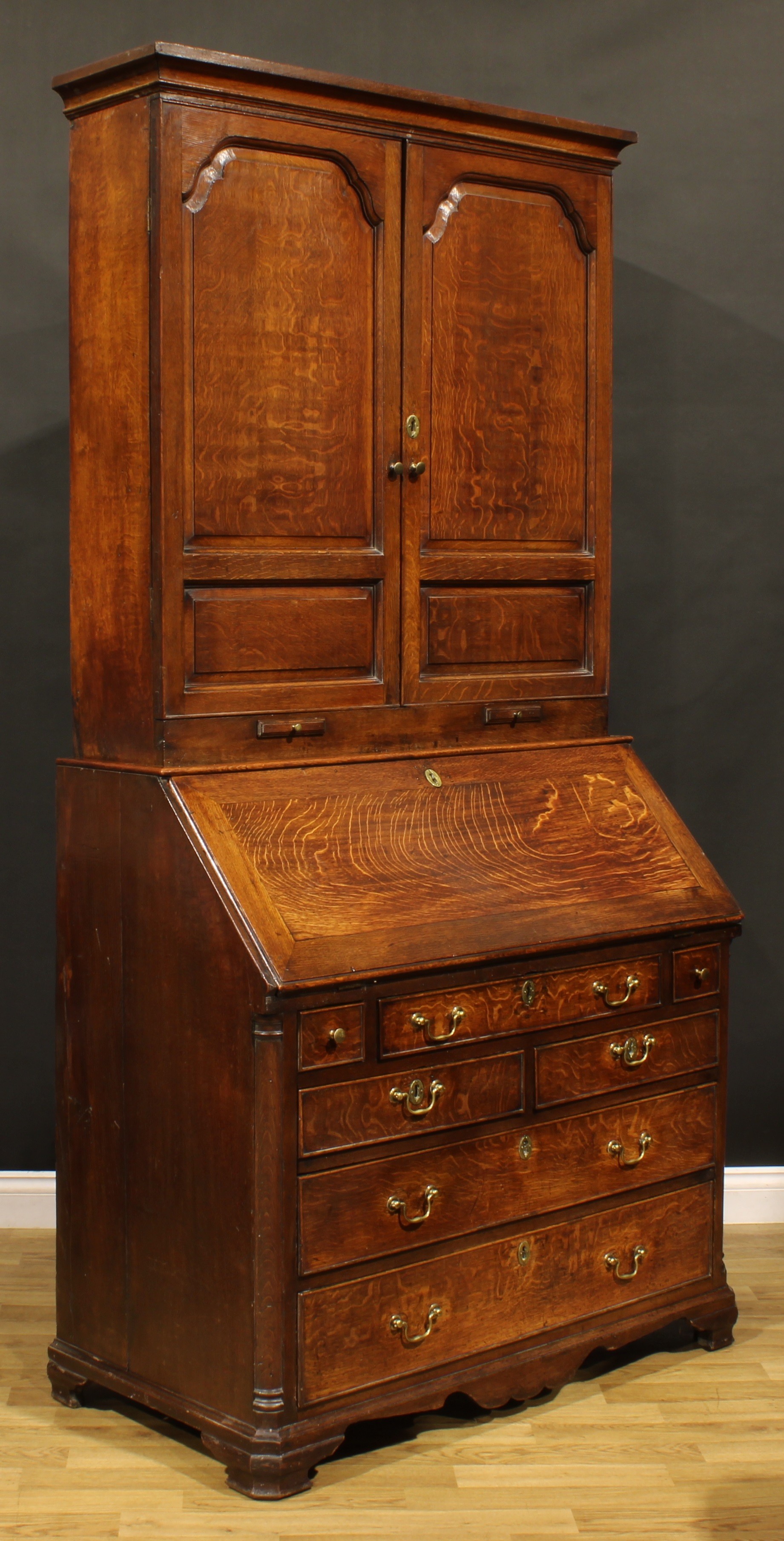 A George III oak estate office enclosed bureau bookcase, moulded cornice above a pair of raised - Image 4 of 5