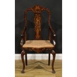 A Dutch marquetry elbow chair, inlaid throughout in the traditional manner, drop-in seat, cabriole