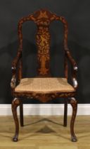 A Dutch marquetry elbow chair, inlaid throughout in the traditional manner, drop-in seat, cabriole