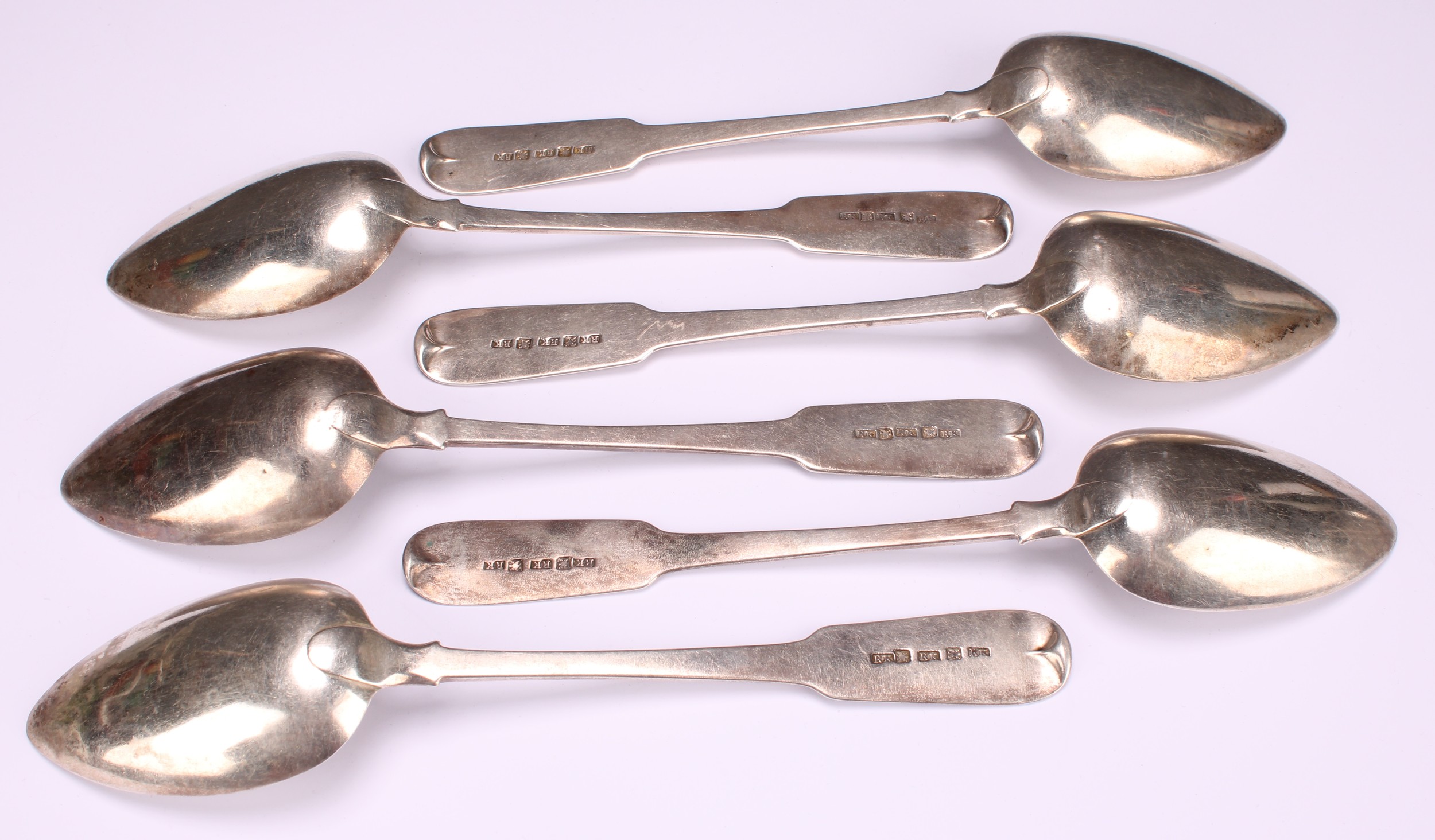 A set of six Scottish Provincial silver Fiddle pattern tablespoons, 22cm long, Robert Keay, Perth, - Image 3 of 4