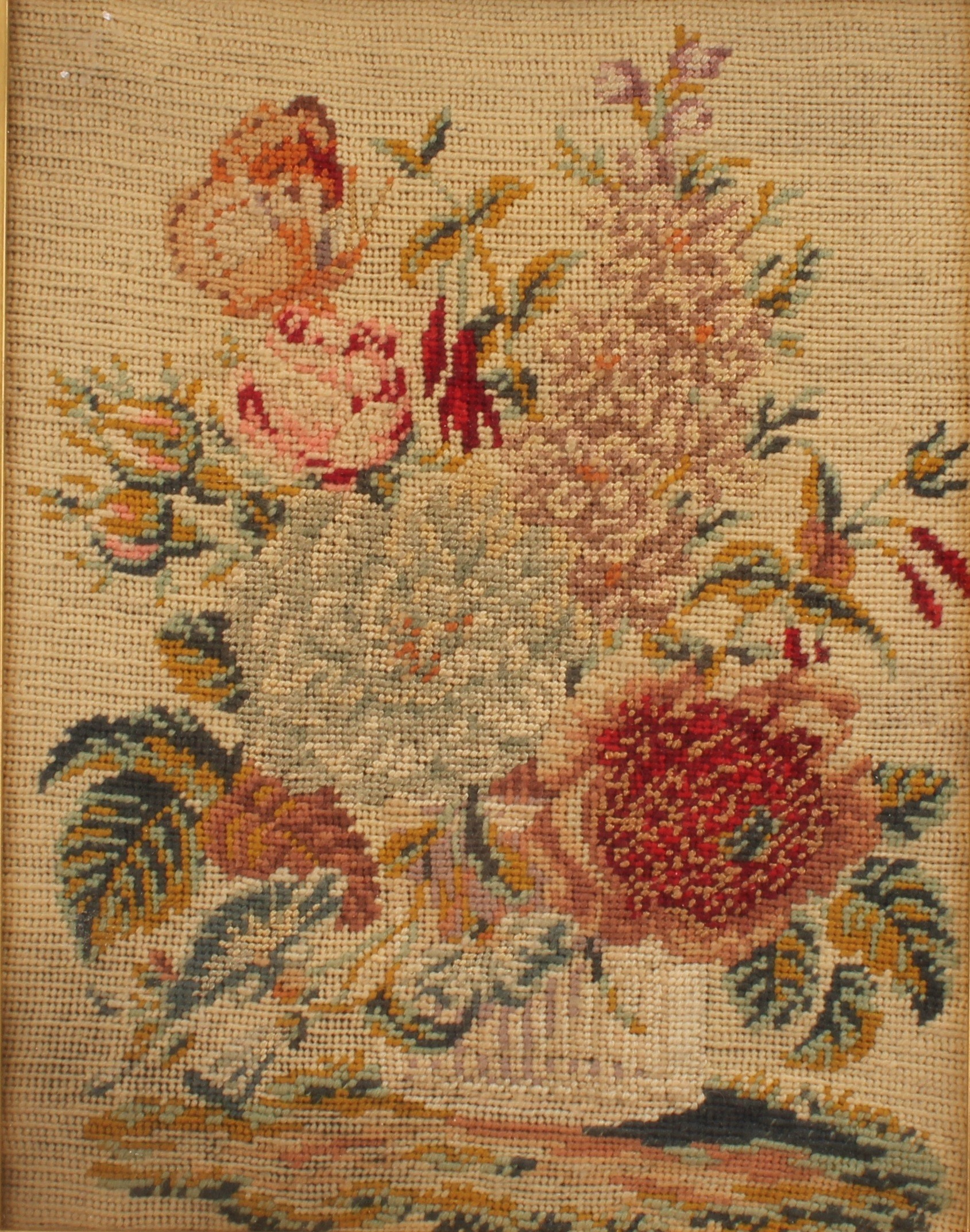A 19th century woolwork panel, worked in colourful wools with study of flowers, rectangular giltwood - Image 2 of 4