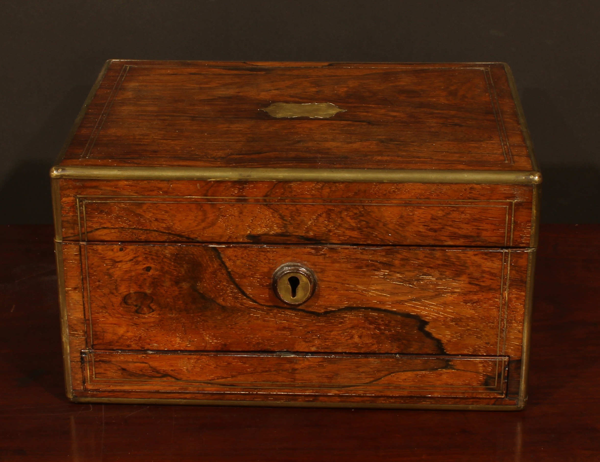 A Victorian rosewood and brass bound rectangular work box, hinged cover enclosing a fitted - Image 3 of 4