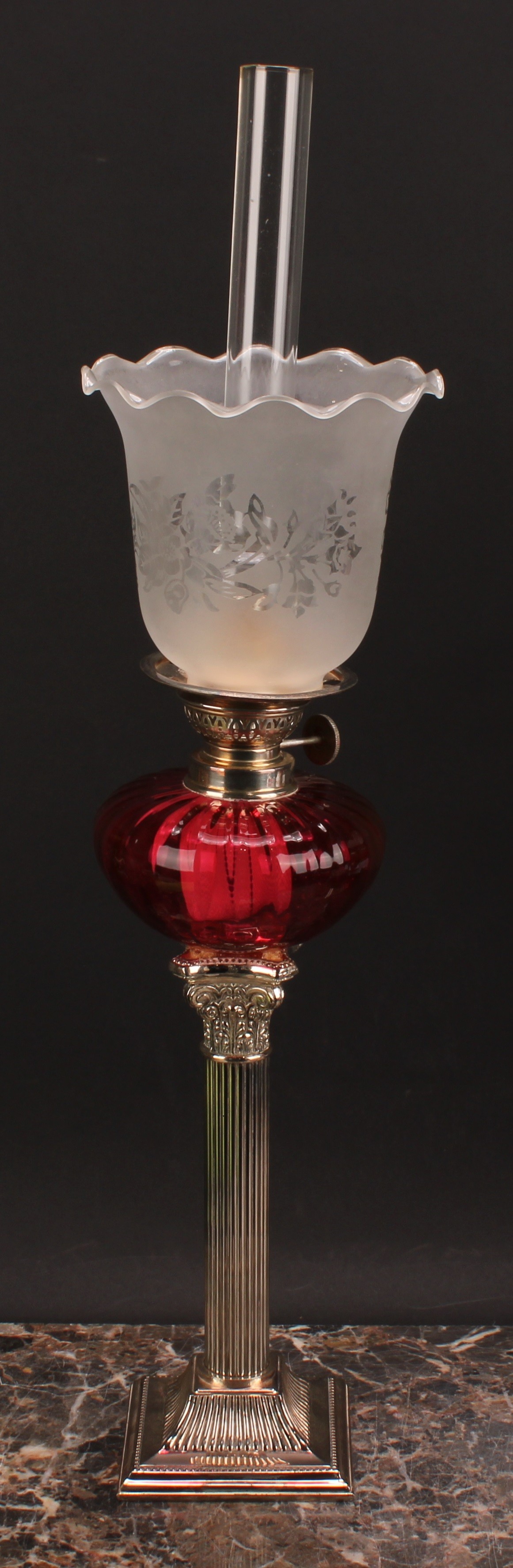 A pair of EPNS Corinthian column table oil lamps, frilled shades, fluted glass reservoirs, 54cm high - Image 5 of 6