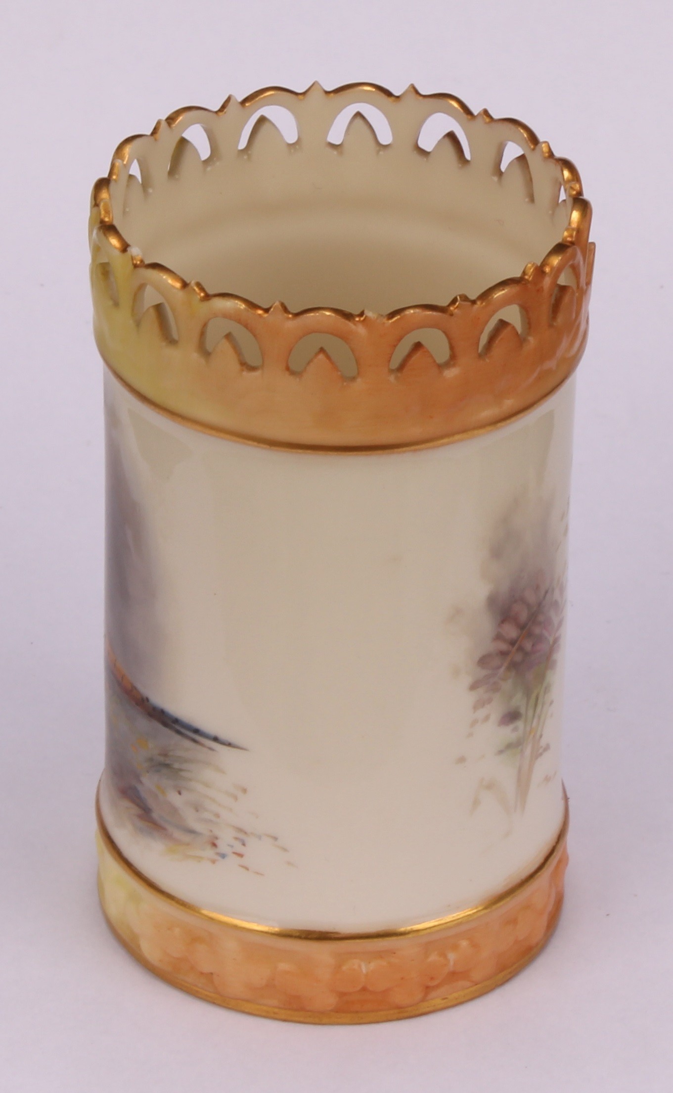 A Royal Worcester cylindrical vase, painted by Jas Stinton, signed, with pheasant in a landscape, - Image 4 of 7