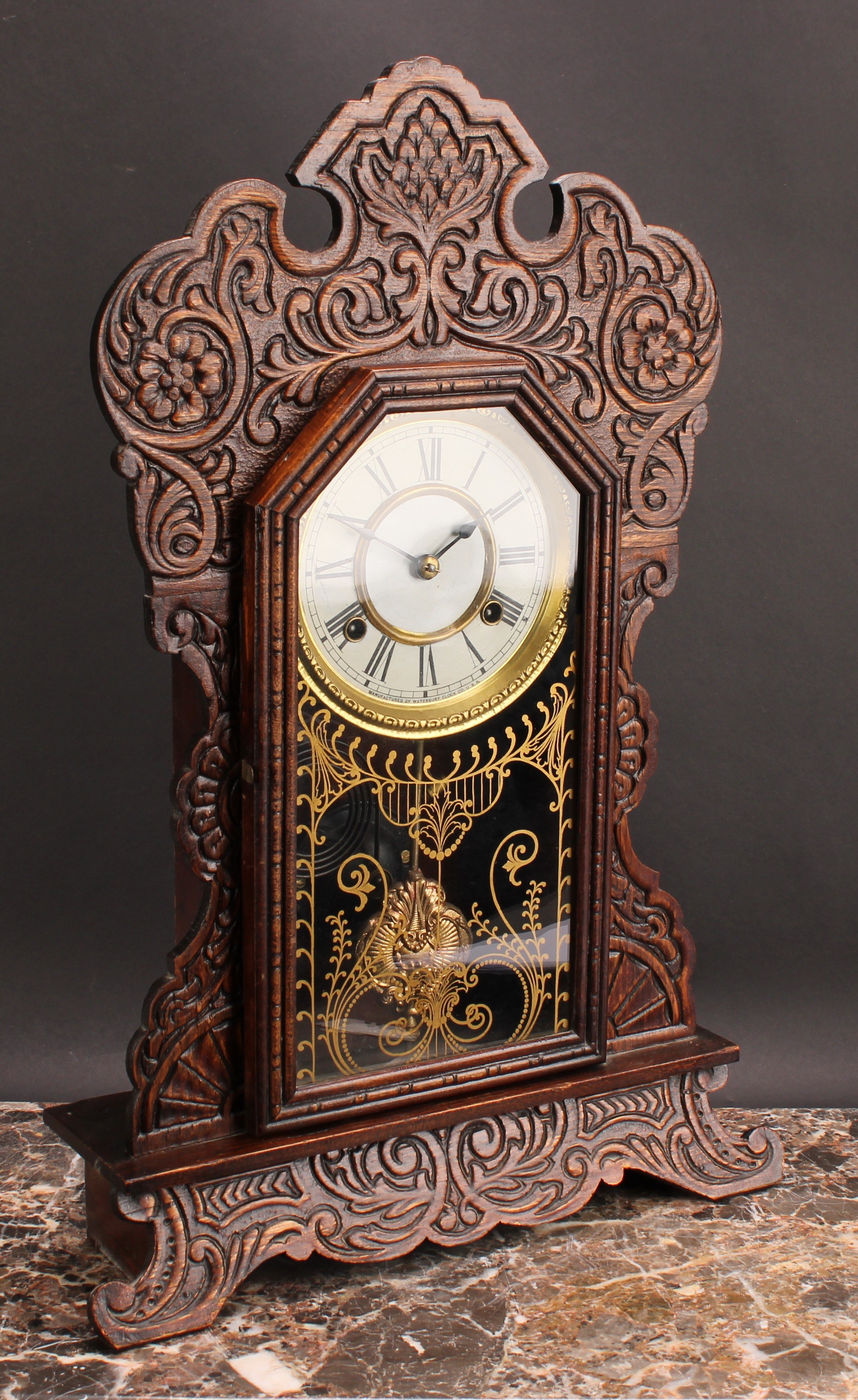A 19th century American 'gingerbread' shelf clock, by Waterbury Clock Co, 13cm painted dial - Image 2 of 2