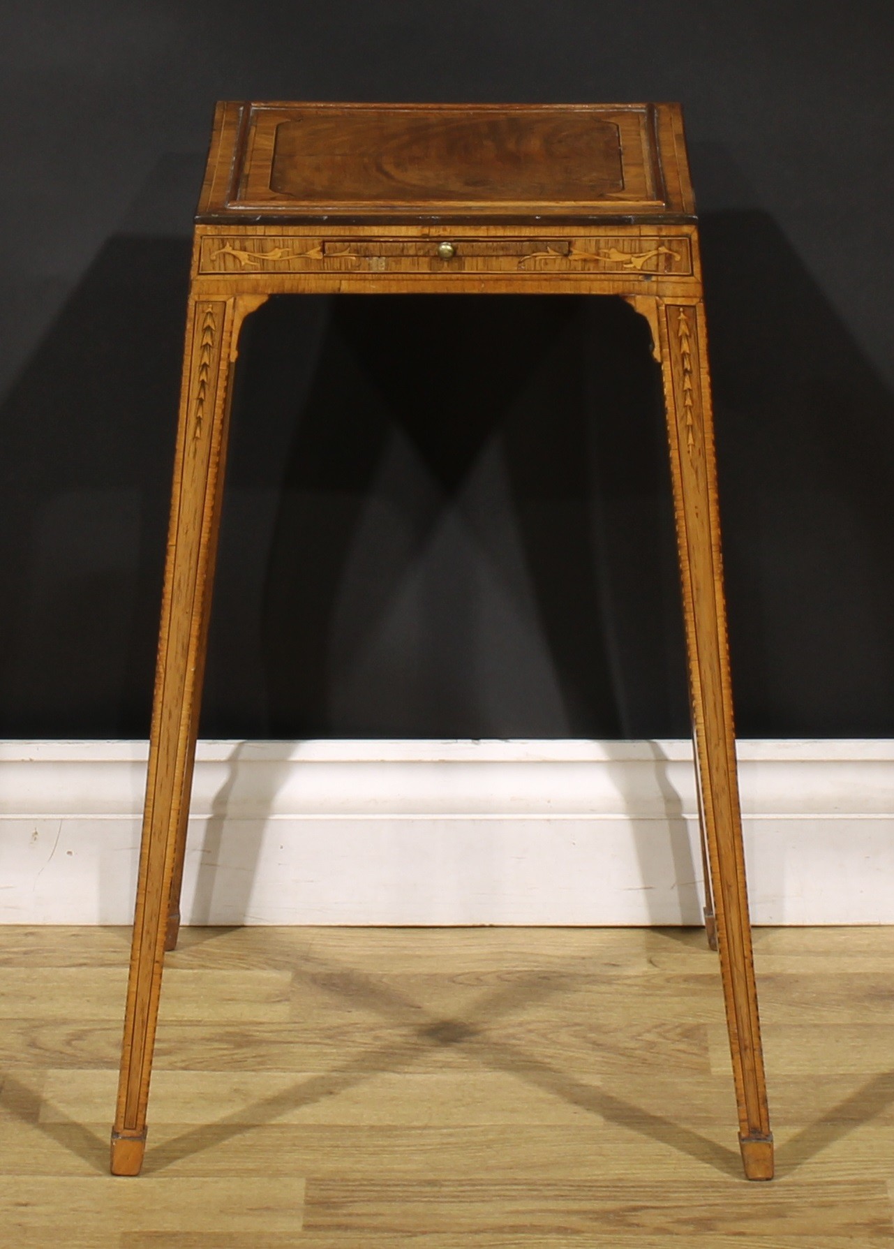 A George III Sheraton period mahogany, rosewood and tulipwood kettle stand, panel top above a slide, - Image 3 of 4