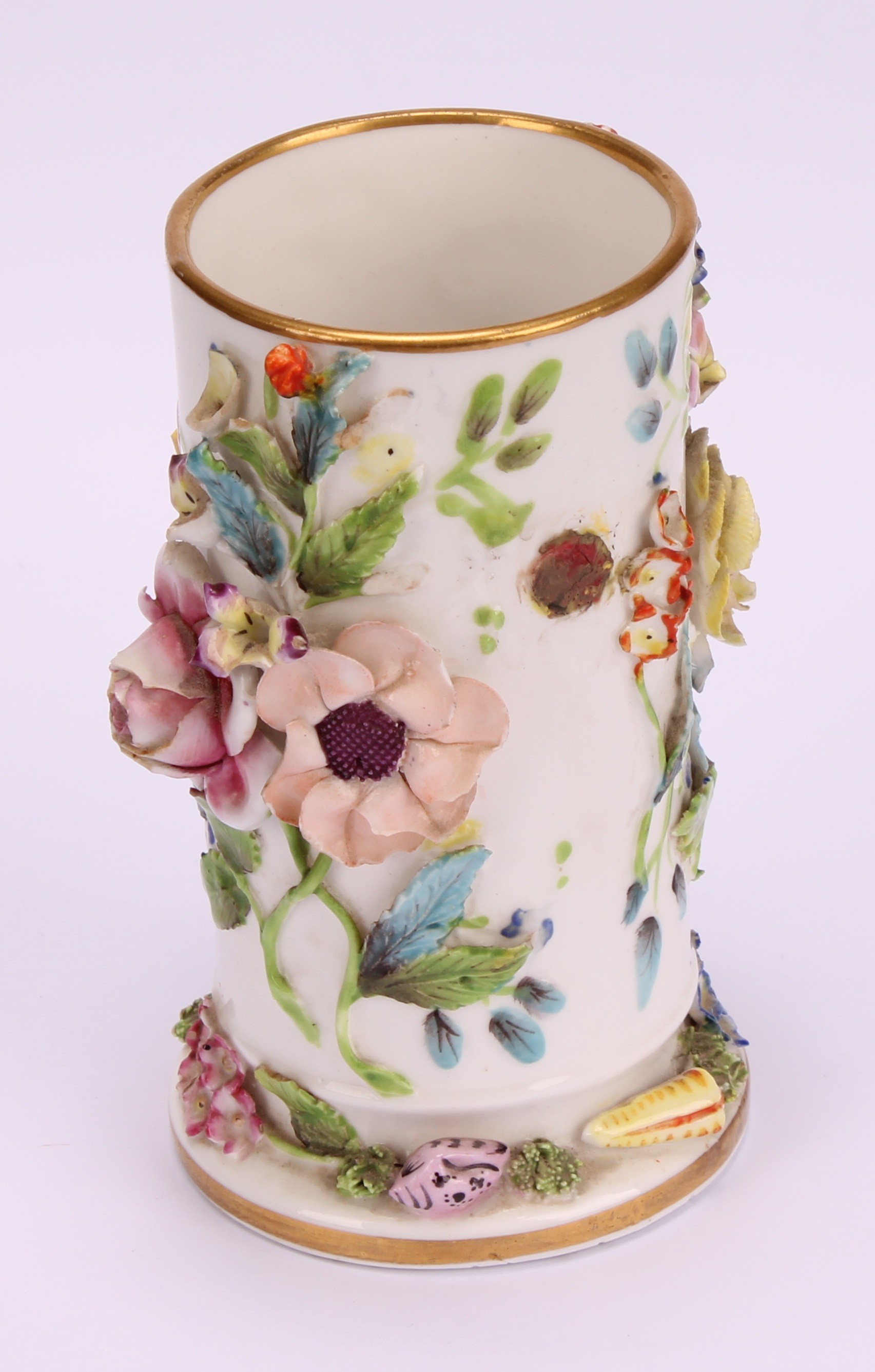 A pair of rare Spode schneeballen style cylindrical vases, encrusted with birds and flowers, 10. - Image 5 of 13