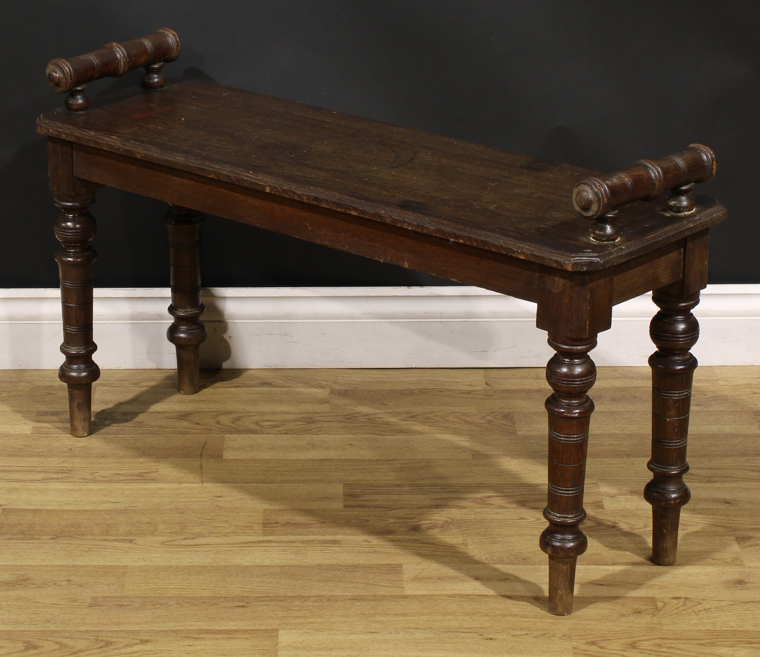 A Victorian oak window seat, canted rectangular top with turned handles, turned legs, 55cm high, - Image 3 of 4