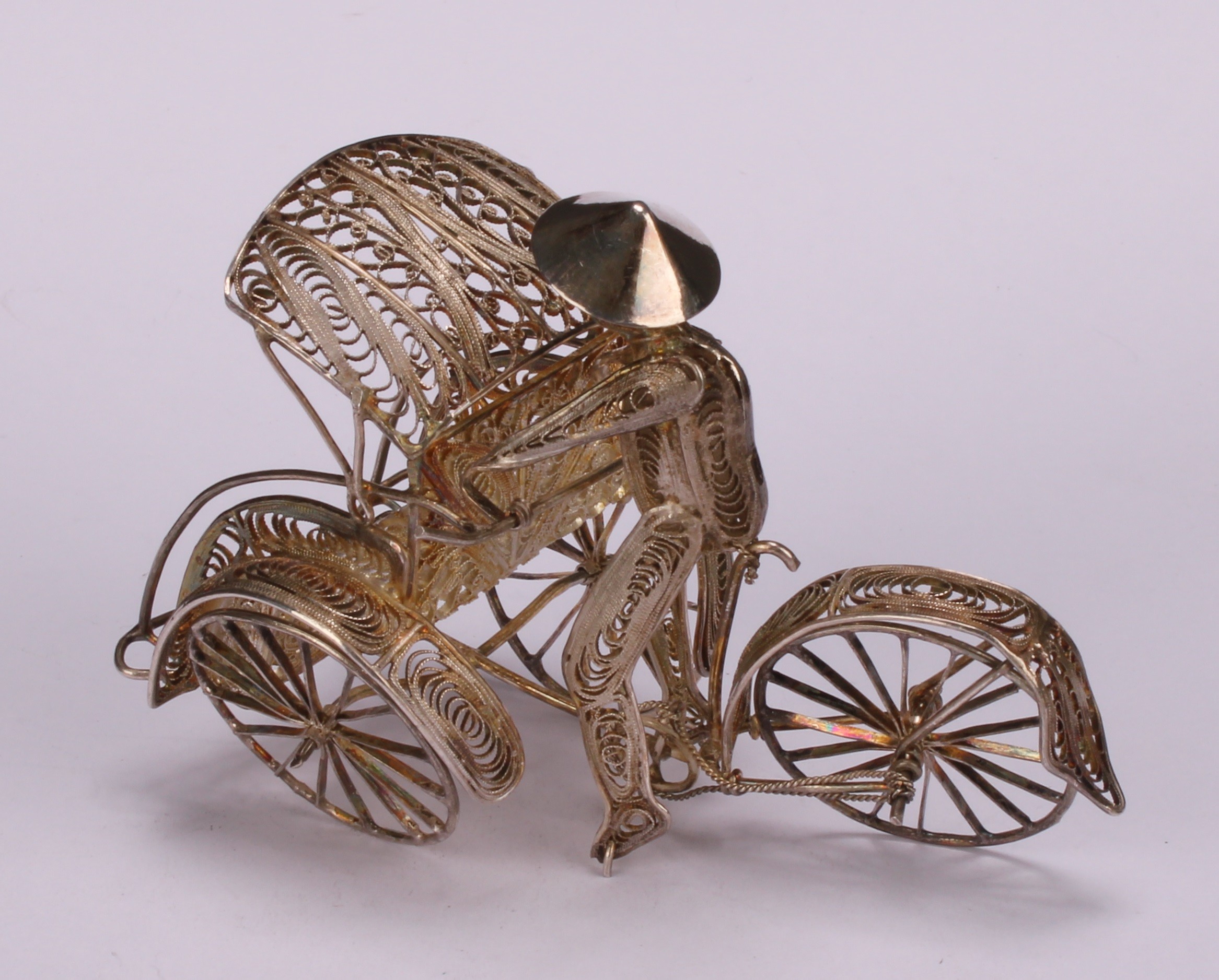 A Chinese silver miniature model, of a rickshaw, 7cm long, Wang Hing & Co, Hong Kong, c.1910; others - Image 4 of 8