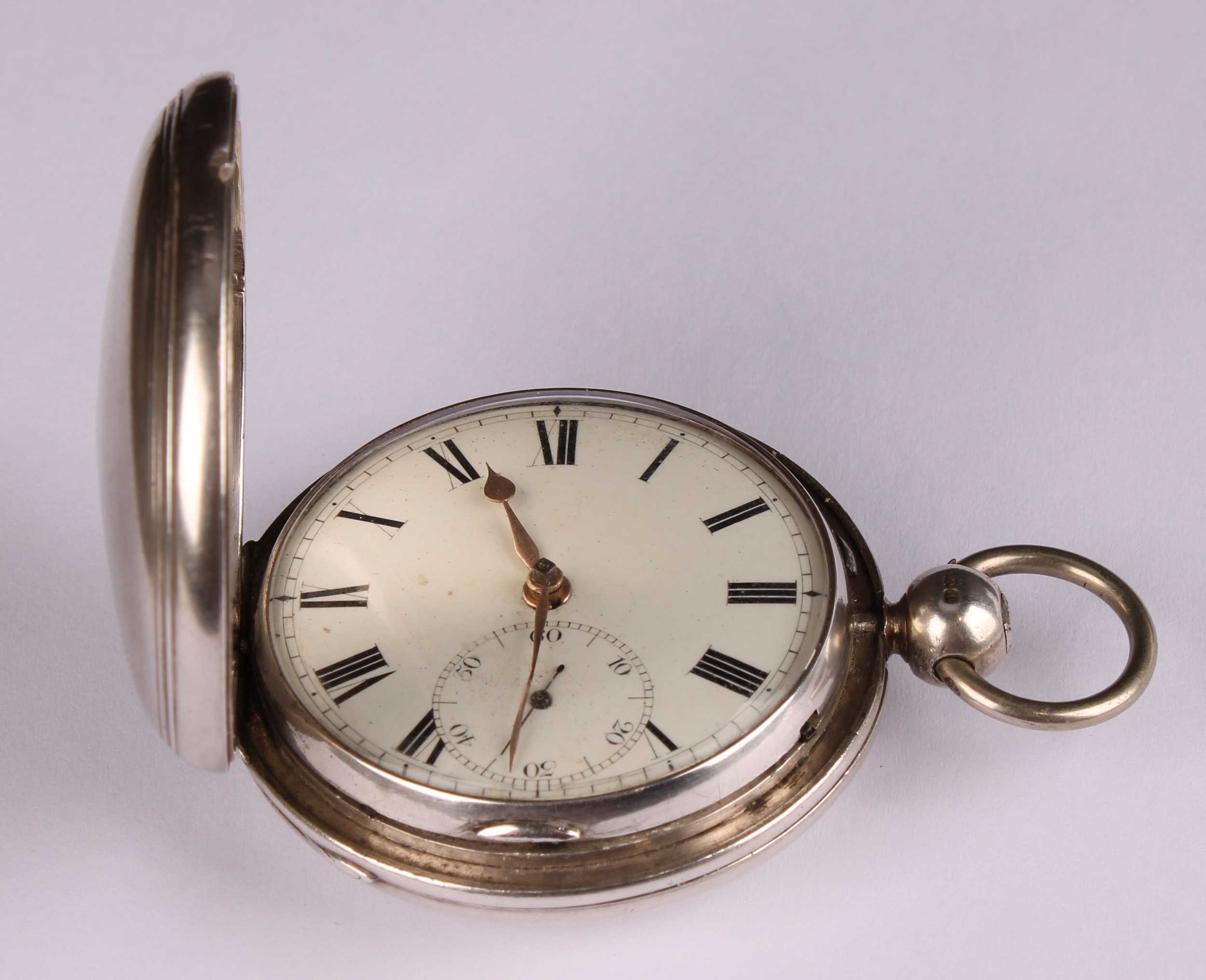 A Victorian silver hunter pocket watch, white enamel dial, Roman numerals, subsidary seconds dial, - Image 2 of 5
