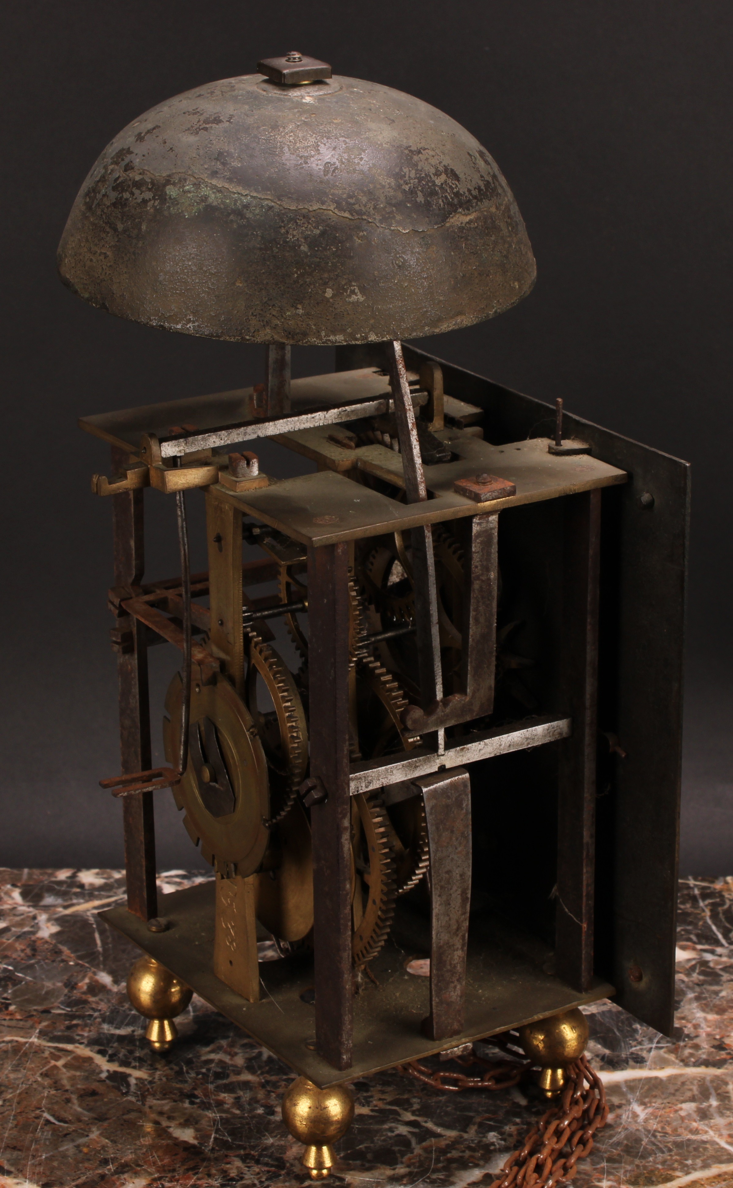 An 18th century brass and iron posted frame clock, of transitional lantern-to-longcase form, 18. - Image 2 of 4