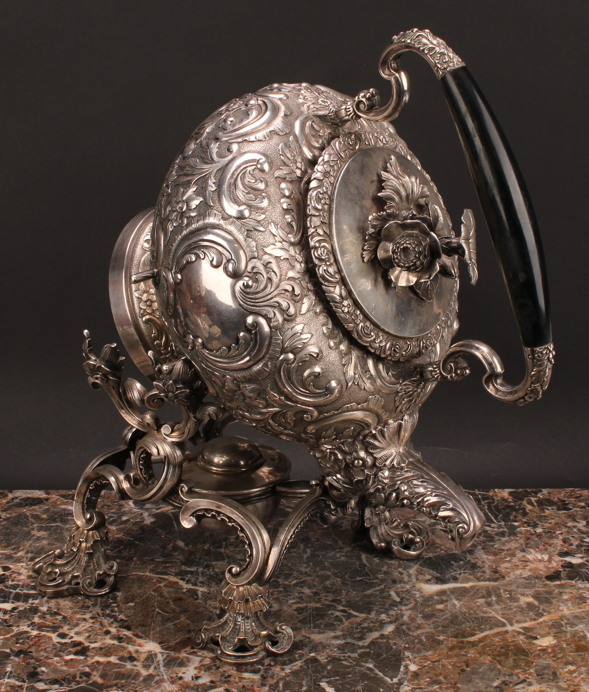 A large French Rococo Revival silver plated spirit kettle, burner and stand, profusely chased with - Image 4 of 5