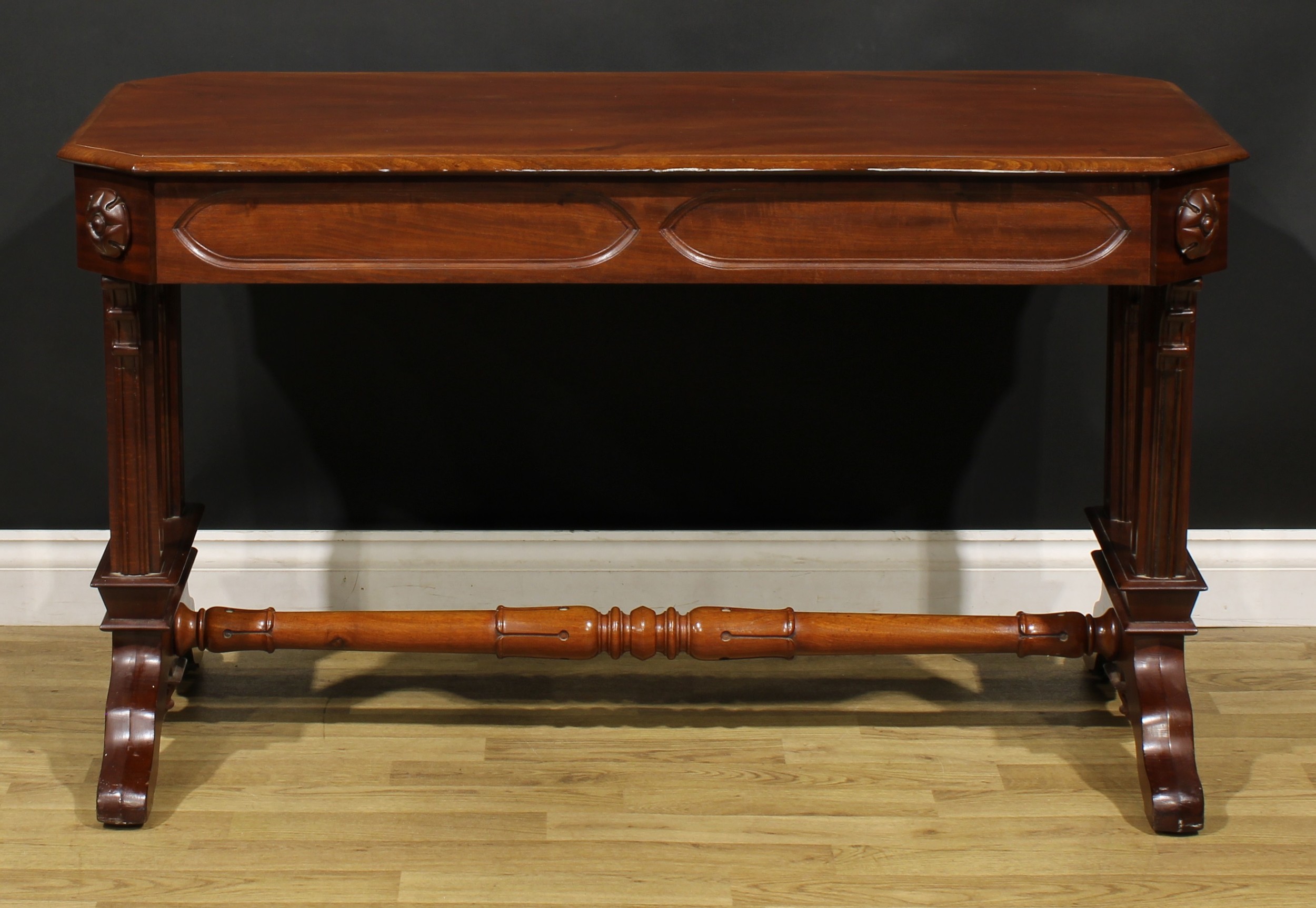 A Post-Regency Gothic Revival mahogany library table, canted rectangular top with moulded edge above - Image 6 of 6