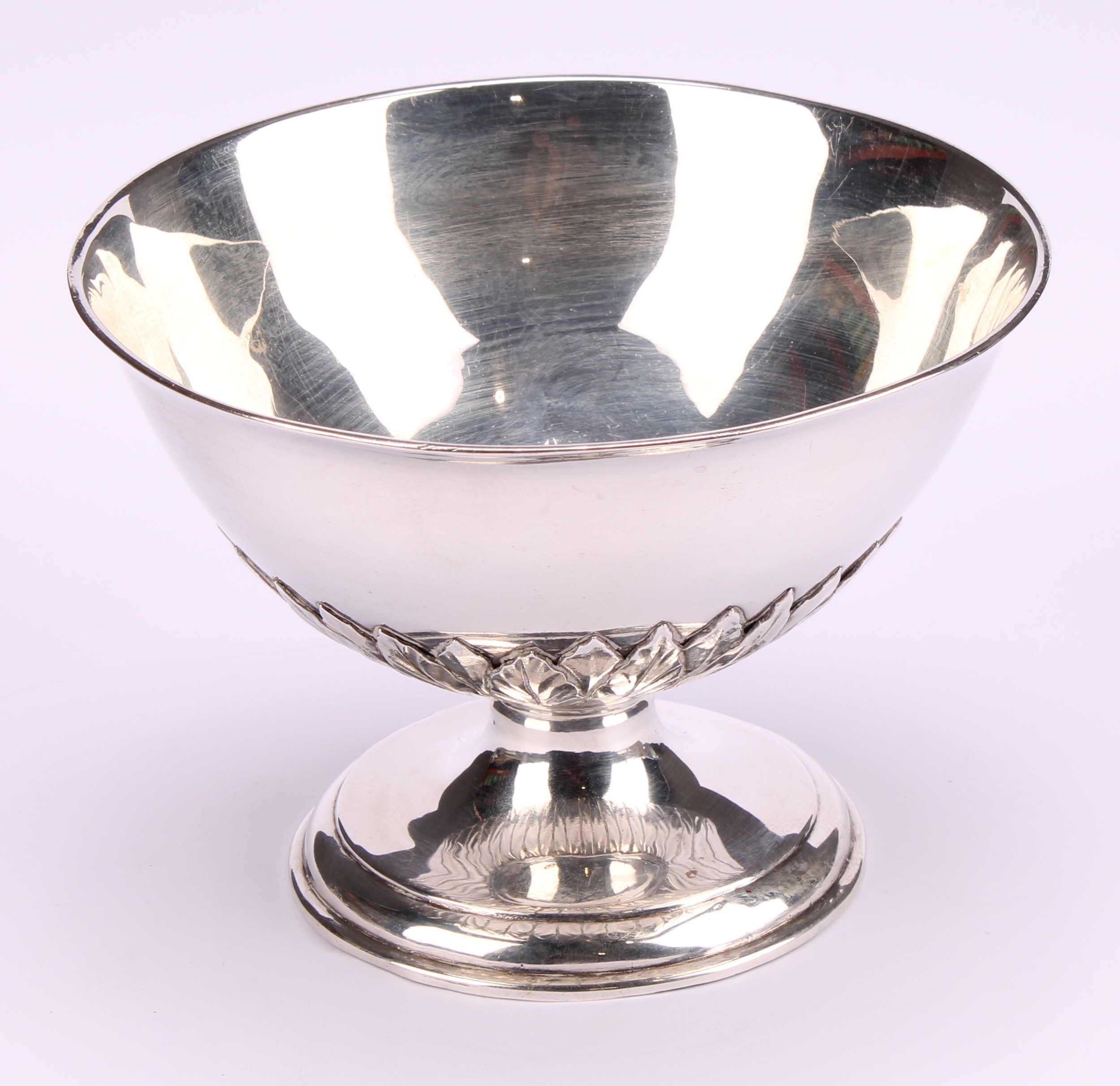 A 19th century silver pedestal bowl, leafy cut-card socle, domed circular base, 15.5cm diam, - Image 2 of 4