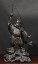 A large Japanese bronze figure, Ebisu, the Japanese god of fishermen and luck, 61cm high excluding
