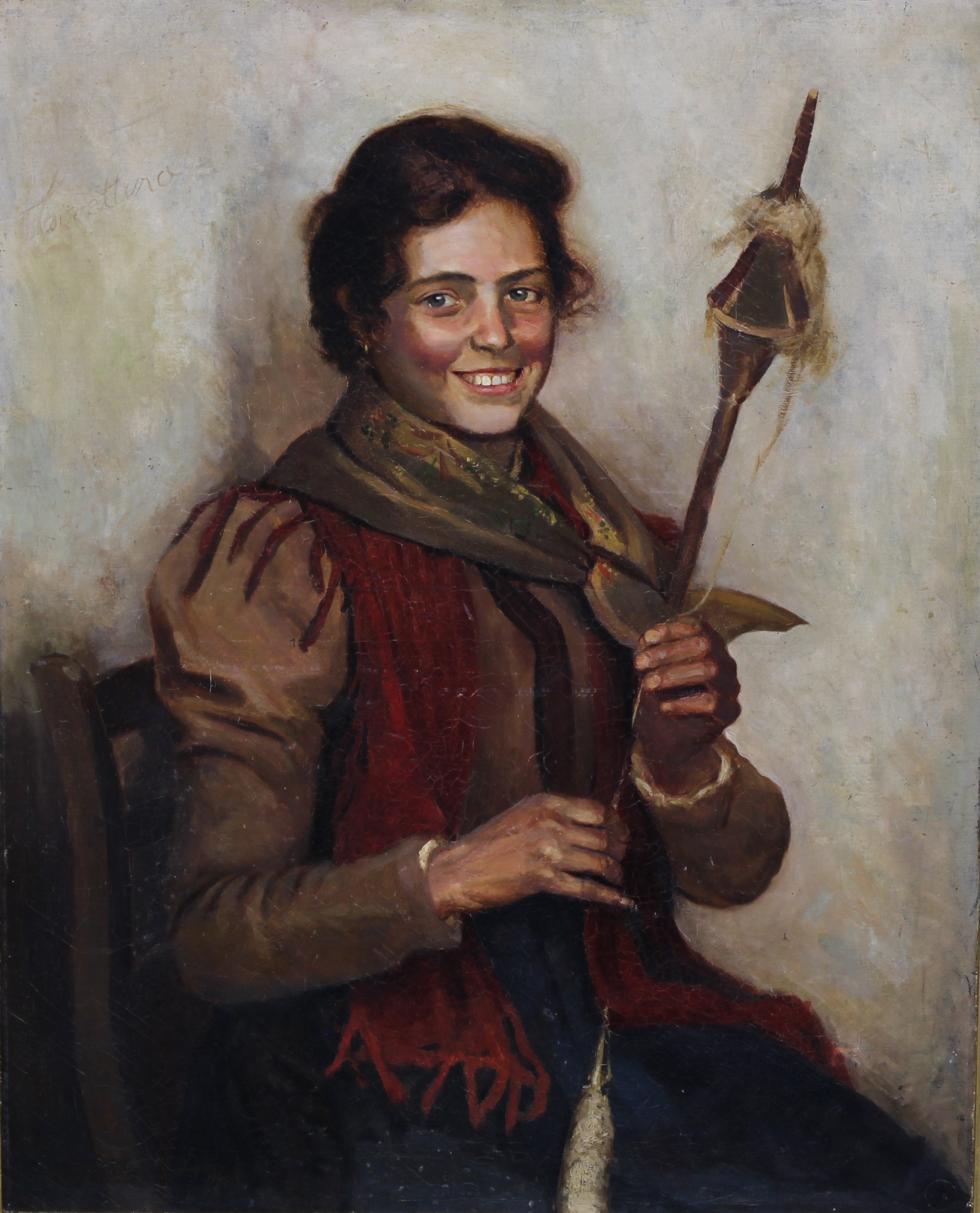 Continental School (19th century) Peasant Girl Spinning, indistinctly signed, oil on canvas, 91cm