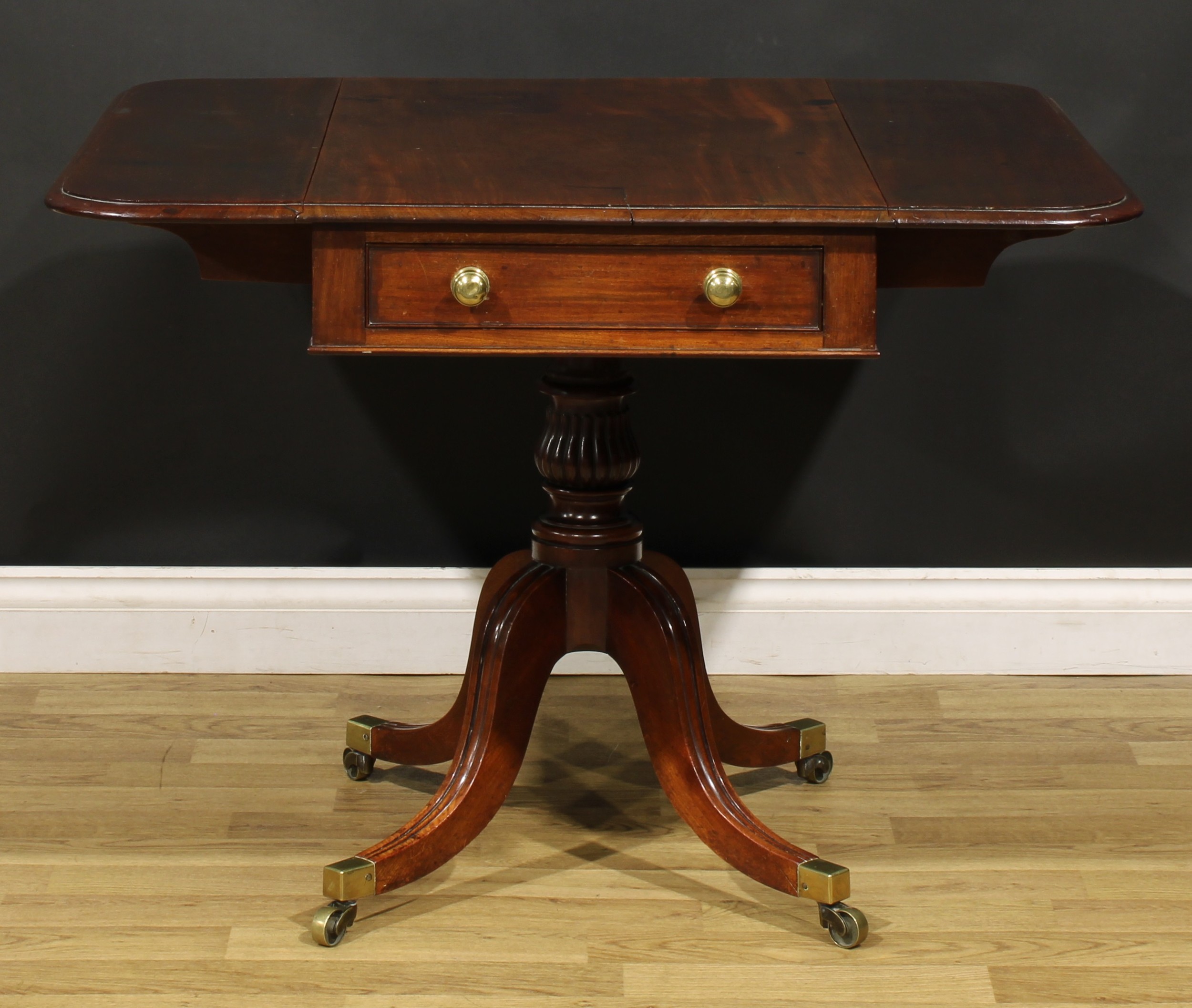 A Post-Regency mahogany Pembroke table, rounded rectangular top with moulded edge above a single - Image 3 of 5