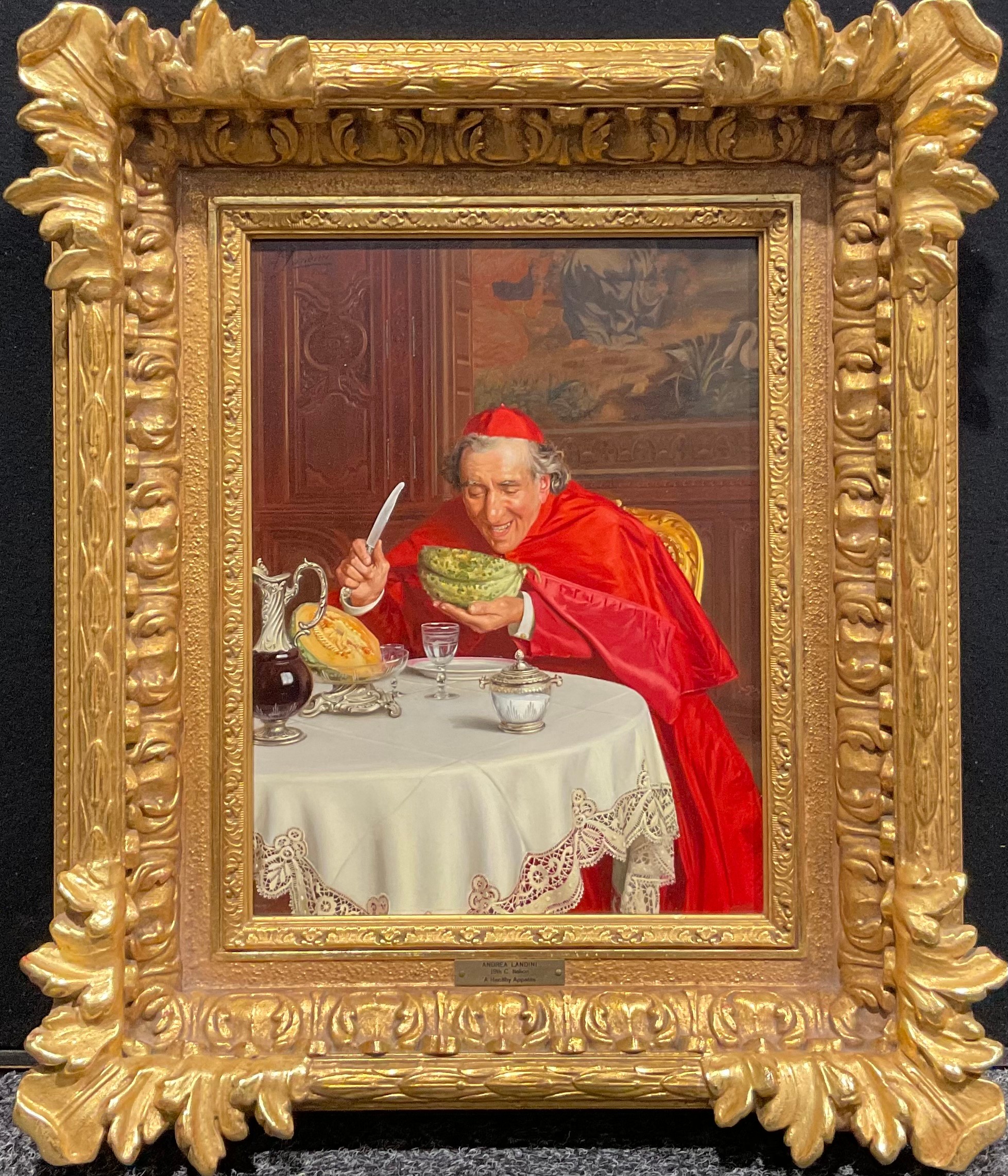 Andrea Landini A Healthy Appetite signed, oil on panel, 35cm x 26cm, gilt Rococo frame - Image 2 of 4