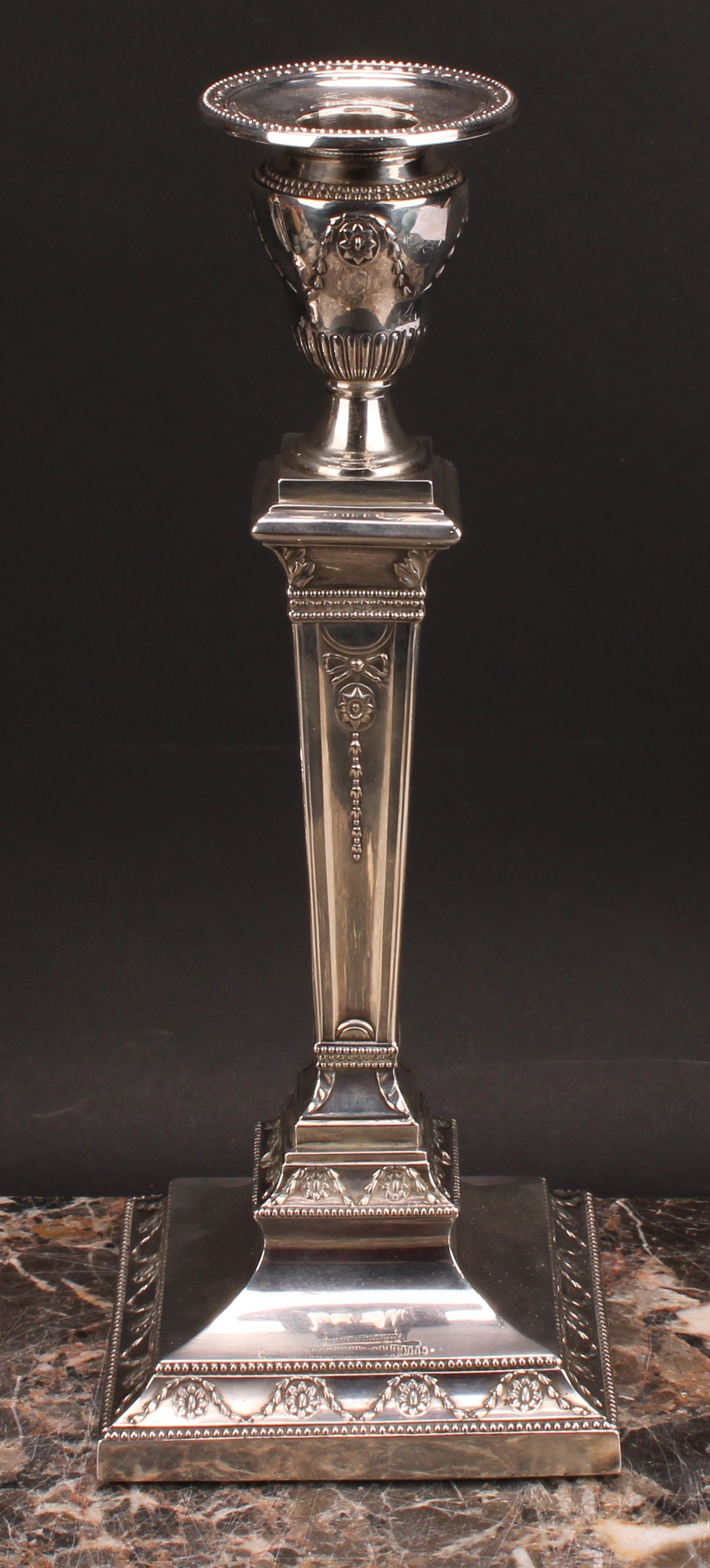 A pair of large Victorian Adam Revival square table candlesticks, embossed in the Neo-Classical - Image 6 of 8