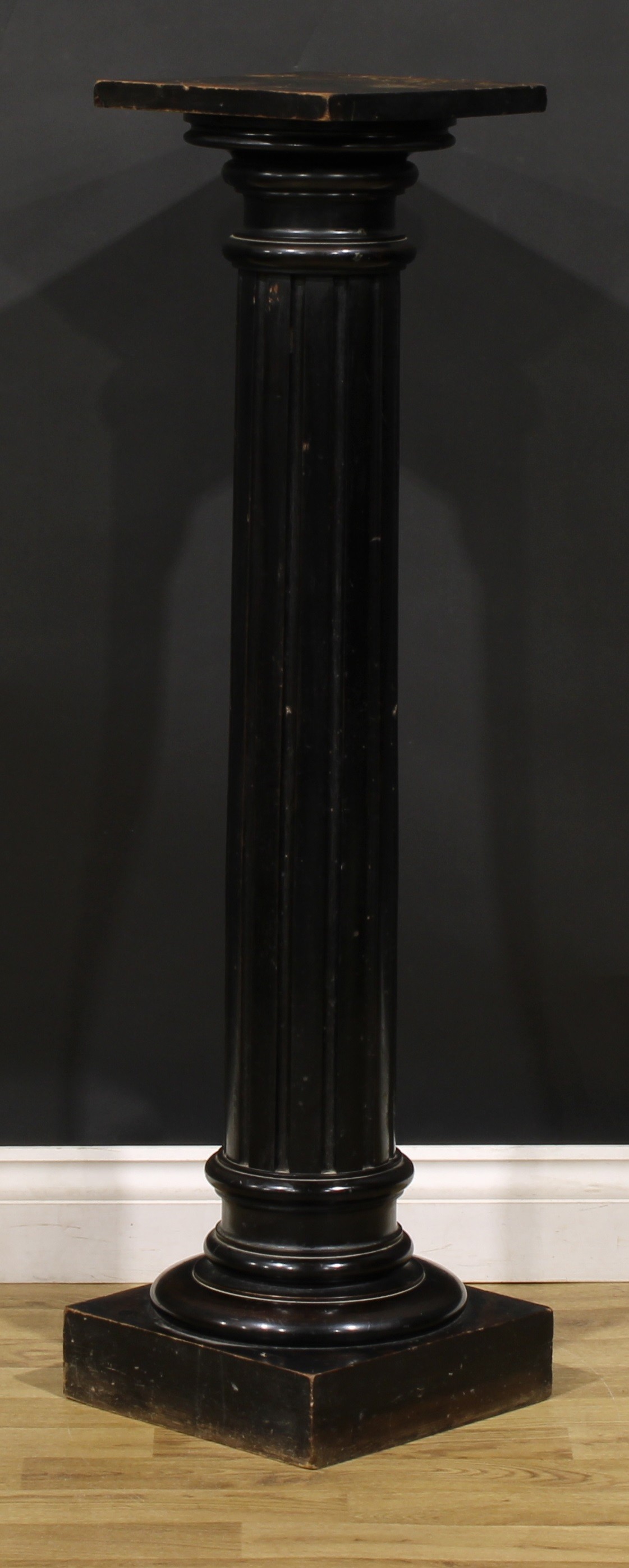 A neoclassical ebonised statuary pedestal, square top, fluted column, square base, 107cm high, the - Image 3 of 3