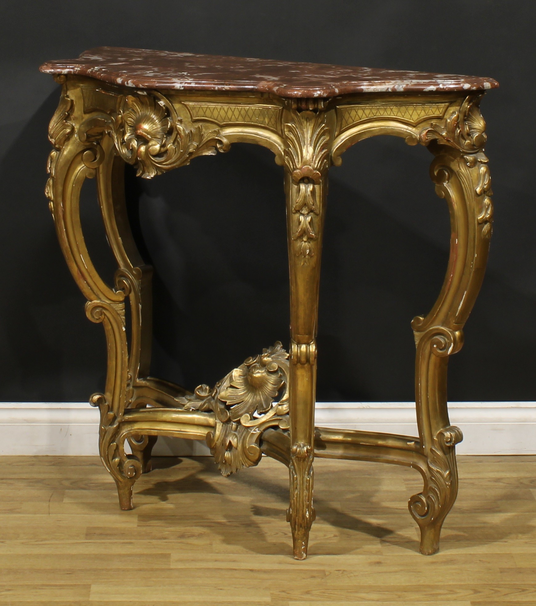 A Louis XV Revival giltwood pier table, in the Rococo taste, serpentine marble top, 93cm high, 104. - Image 4 of 5