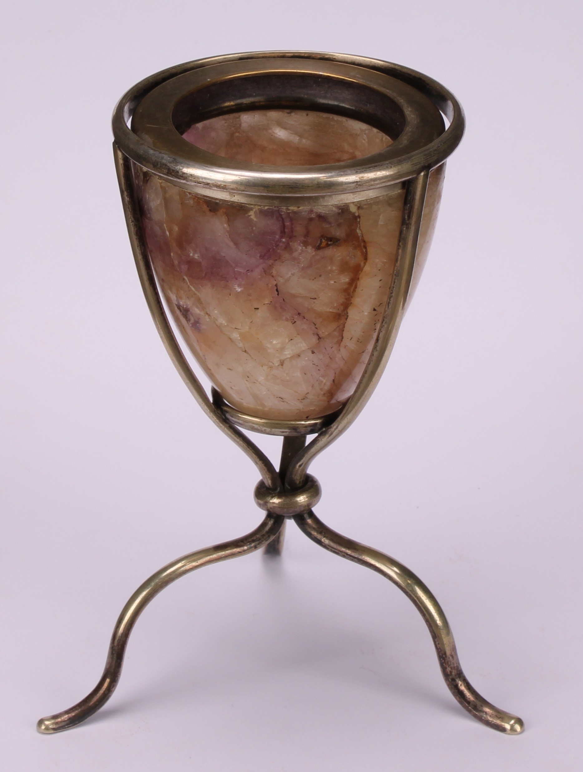 A Derbyshire Blue John egg shaped specimen vase, silver plated tripod stand, 11cm high, 19th century - Image 2 of 5