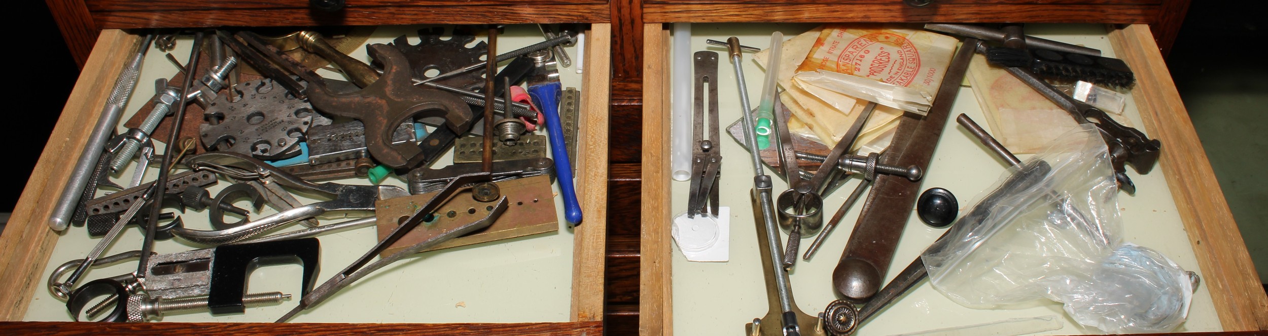 A mid-20th century oak side cabinet, now fitted for the horologist, containing various tools and - Image 4 of 8