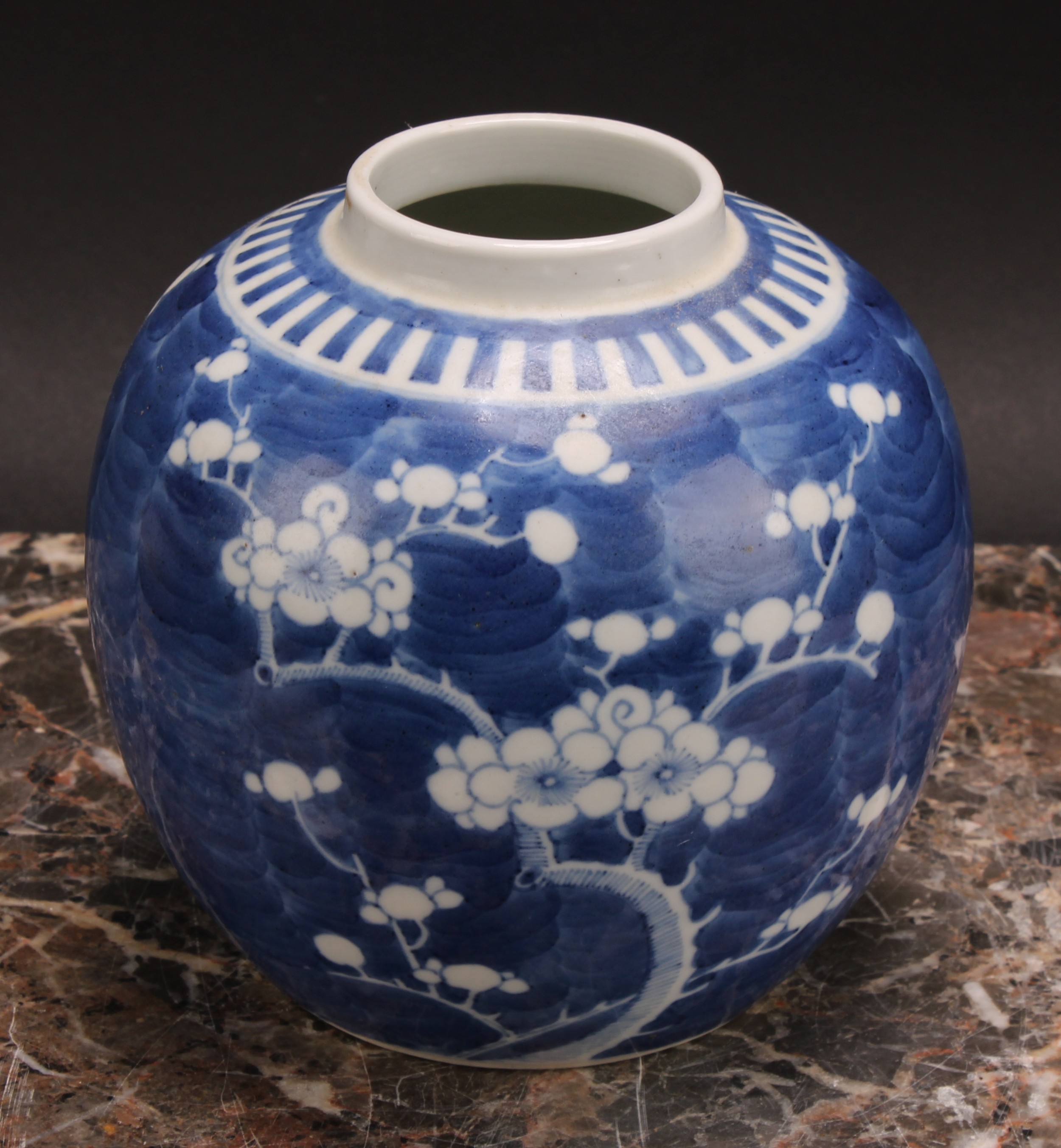 A Chinese ovoid ginger jar, painted in tones of underglaze blue with blossoming prunus on a ground - Image 2 of 9