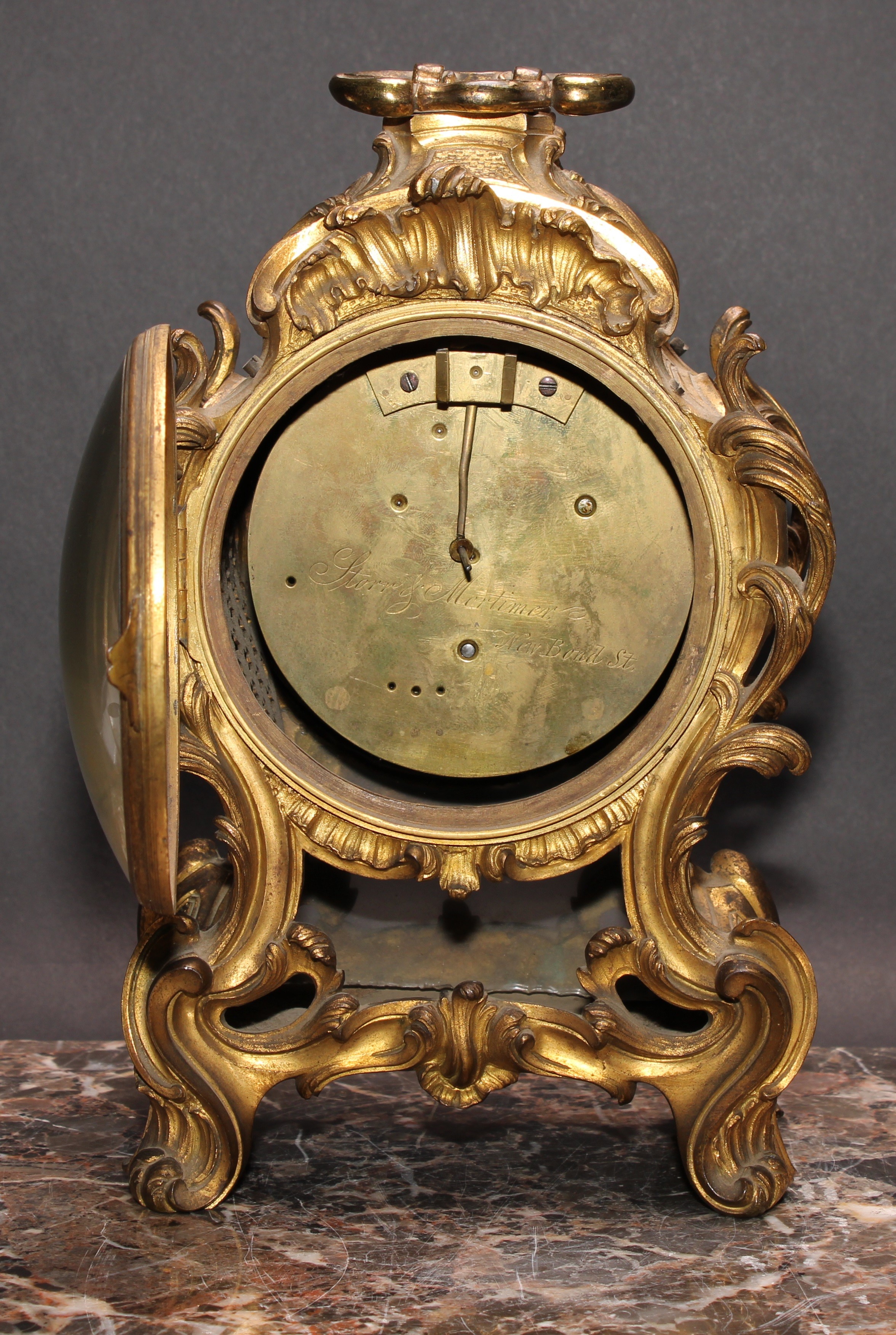 A Charles X ormolu table timepiece, 10.5cm convex enamel clock dial inscribed with Roman numerals, - Image 5 of 5