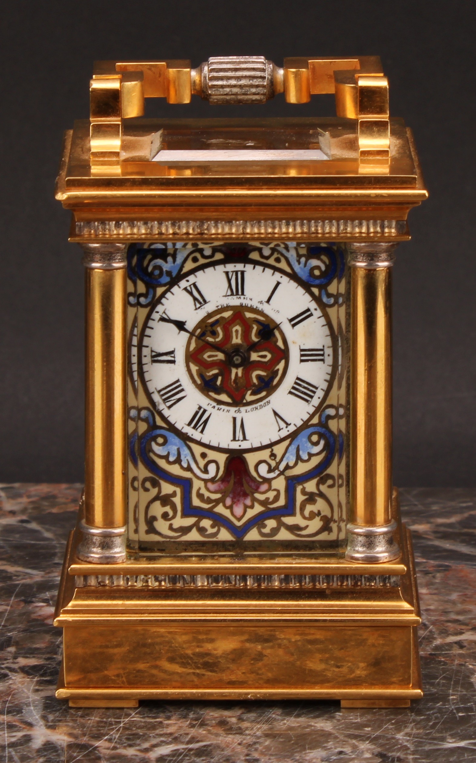 A French parcel-silvered gilt brass and champleve enamel miniature carriage timepiece, 3cm clock - Image 3 of 7