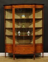 A Sheraton Revival satinwood and marquetry serpentine display cabinet, moulded cornice with