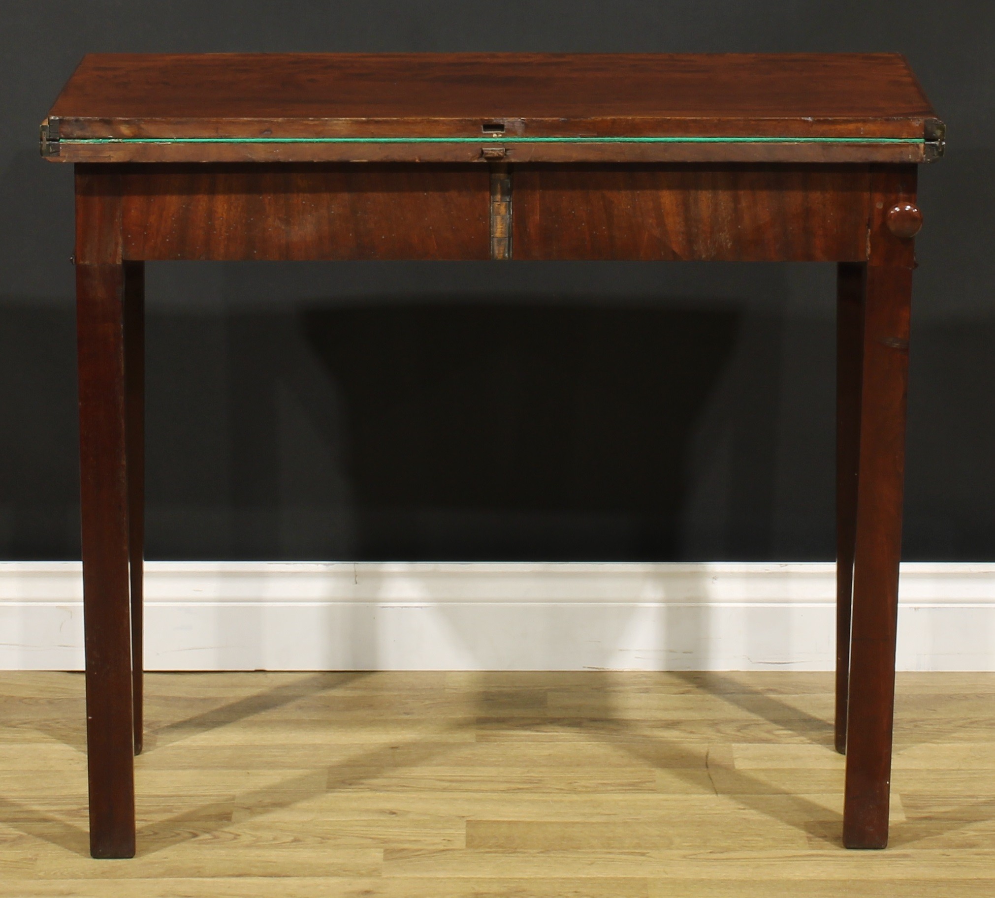 A George III mahogany card table, hinged top enclosing a baize lined playing surface, moulded - Image 5 of 5