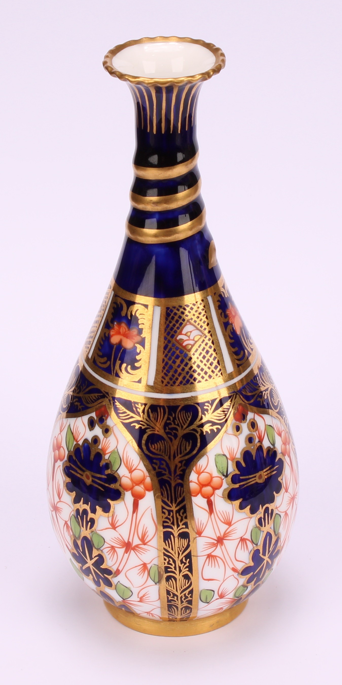 A pair of Royal Crown Derby 1128 Imari pattern ovoid bottle vases, the slender necks moulded with - Image 4 of 10