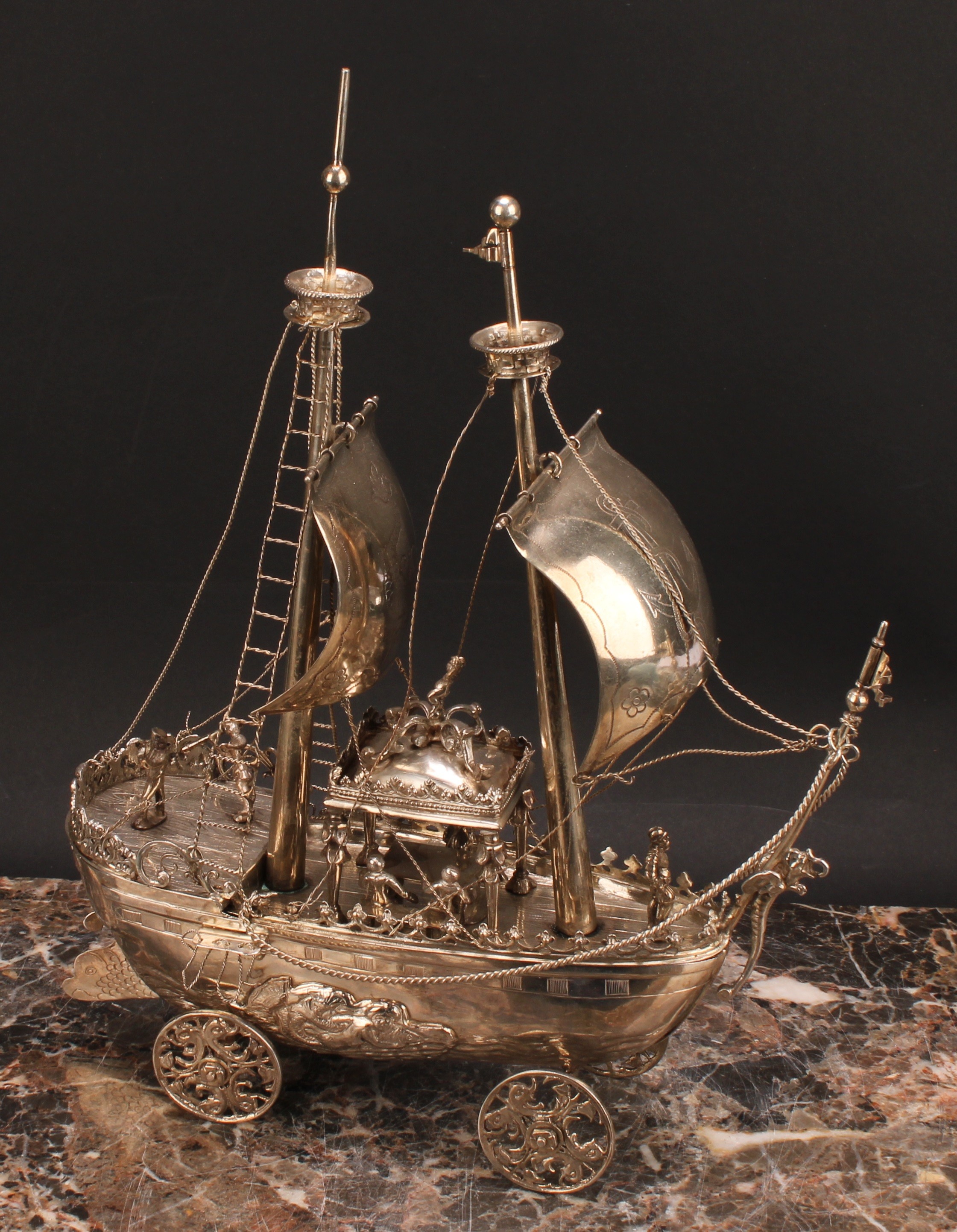 A late 19th century Dutch silver nef, typically modelled as a two-masted ship, with billowing - Image 4 of 5
