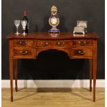 A Sheraton Revival satinwood banded mahogany serpentine serving table, oversailing top above five