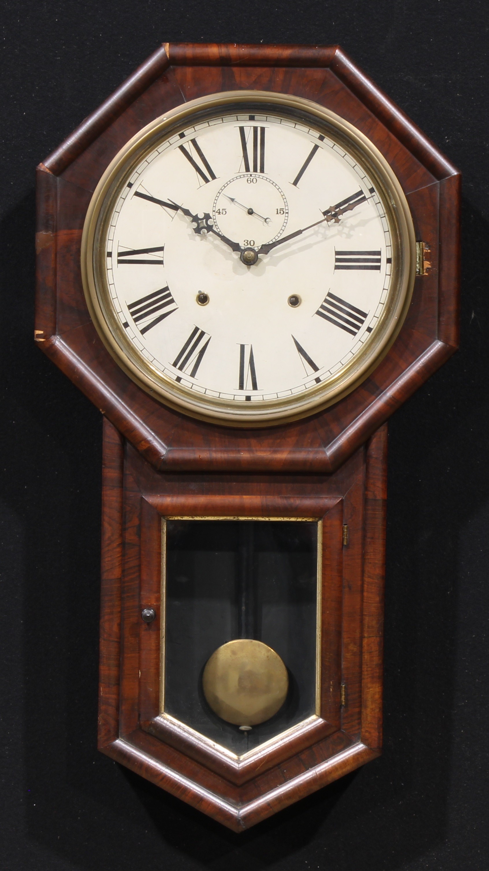 A late 19th century American rosewood drop dial wall clock, 28.5cm circular dial inscribed with