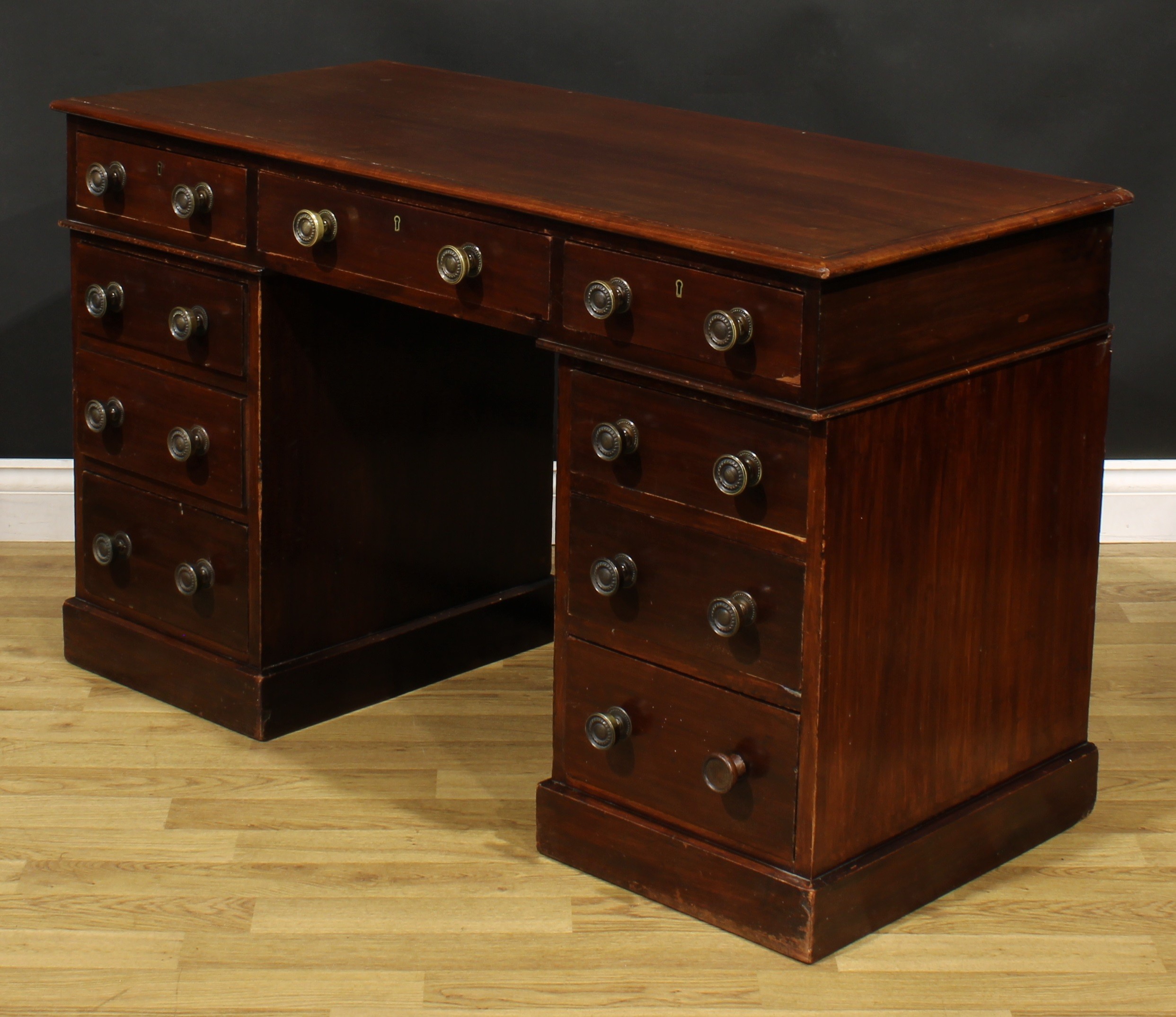 A late Victorian mahogany twin pedestal desk, by Heal & Son, London, rectangular top above an - Image 5 of 7